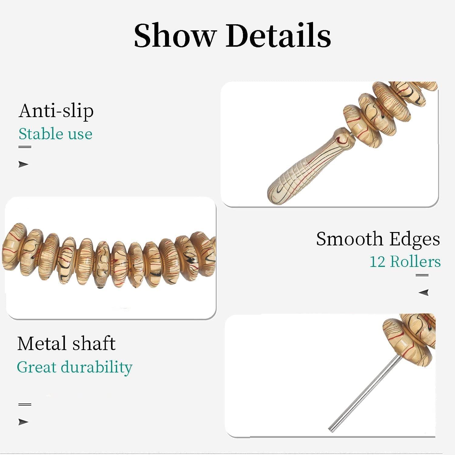 HEVASNEK HEVASNEK 12 wheel Wood Therapy Roller Stick Massage Tool, Curved Design Full Body Pain Relief Handheld Back Massage Muscle Roller Stick Trigger Points, Sculpt and Detoxify [45x6x6 CM ]