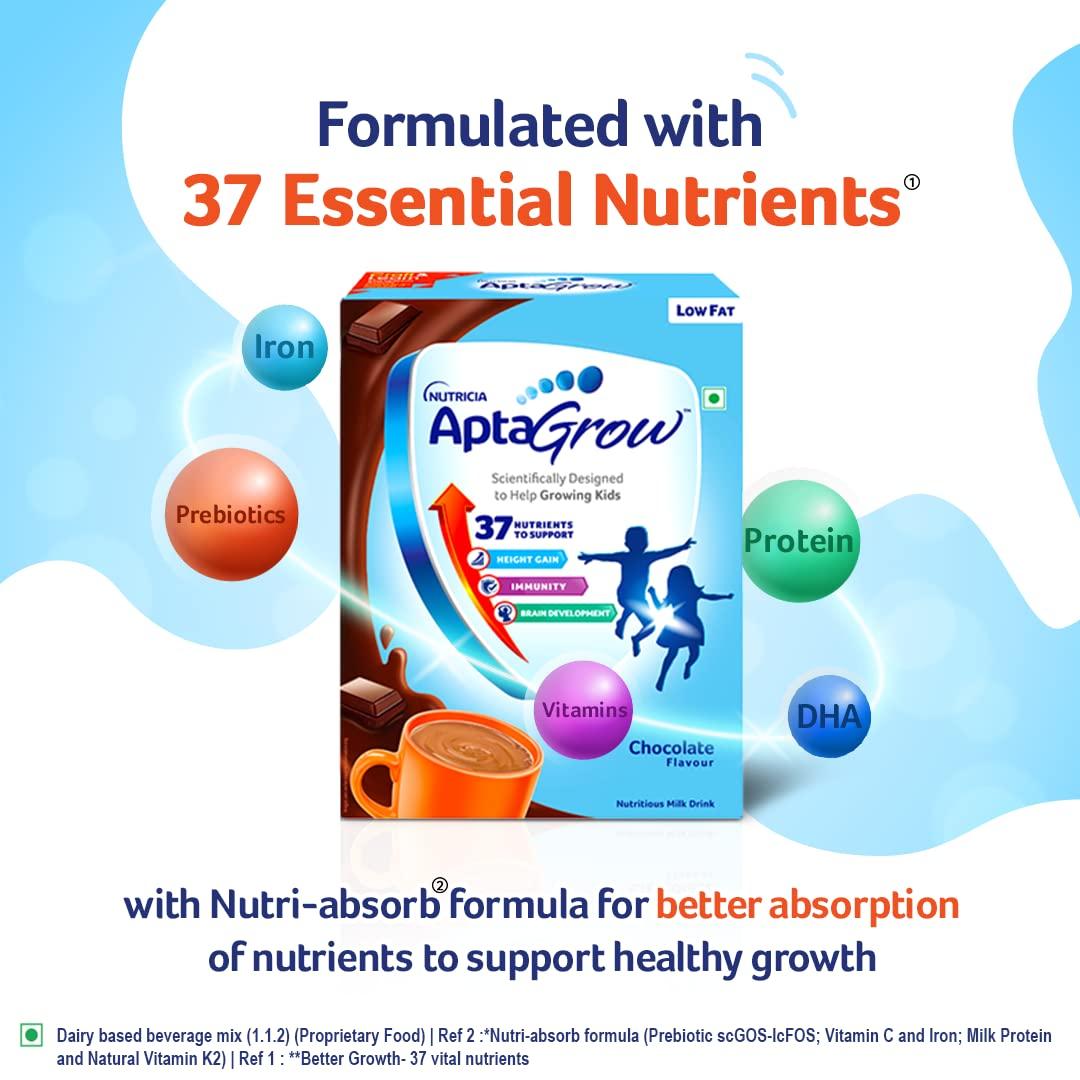 AptaGrow AptaGrow Milk Drink Powder for Kid s Height Gain, Immunity & Brain Development, Nutritious & Tasty Chocolate Flavor, 400g | 37 Nutrients | Prebiotics | Low Fat | Veg | Pack of 2