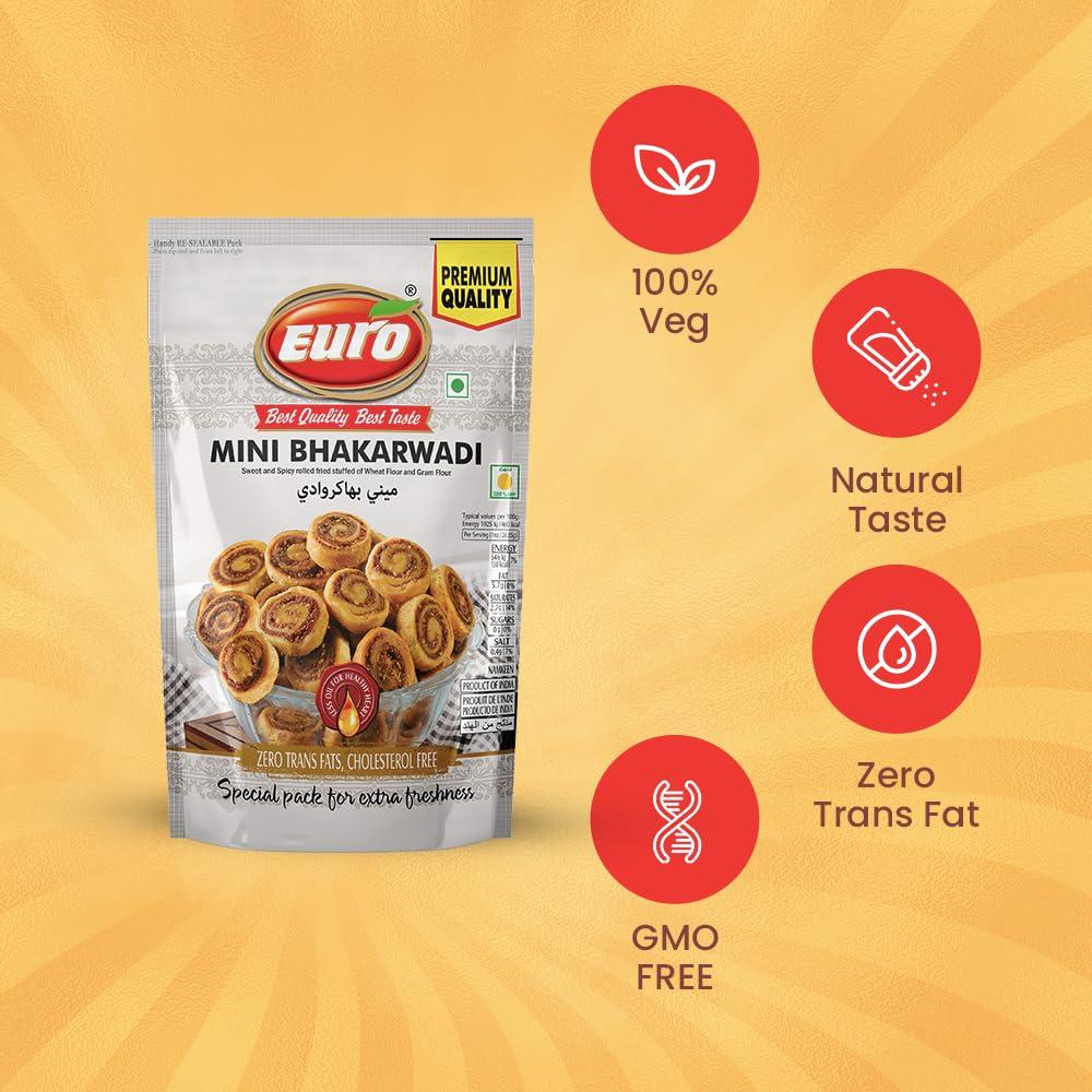 EURO Euro Delights: Mini Bhakarwadi - 350gm Pack of 3 | Sweet and Spicy Rolled Fried Stuffed of Wheat Flour and Gram Flour | Chai Time Snack | Ready to Eat Bhakarwadi Snacks | Indian Namkeen Snacks