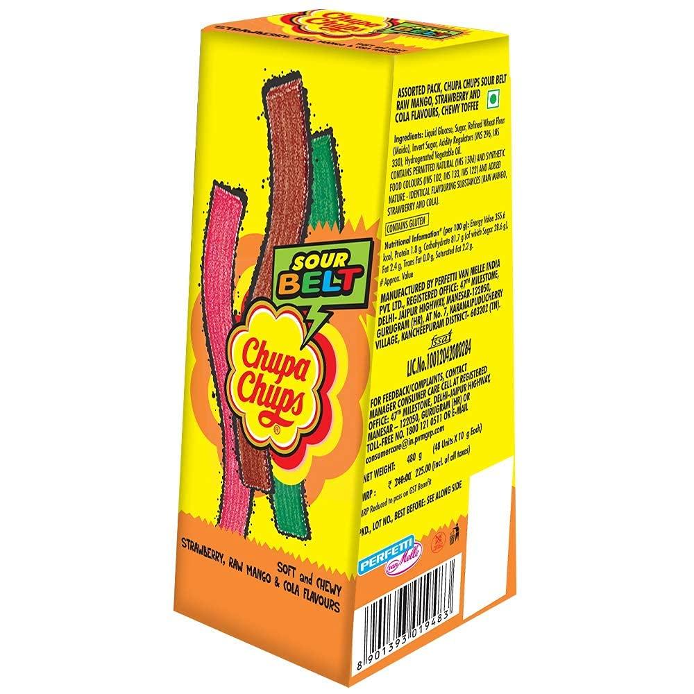 Chupa Chups Chupa Chups, Sour Belt, Mixed Fruit Flavour, Soft & Chewy Toffee Pack, 480 g (Count of 48)