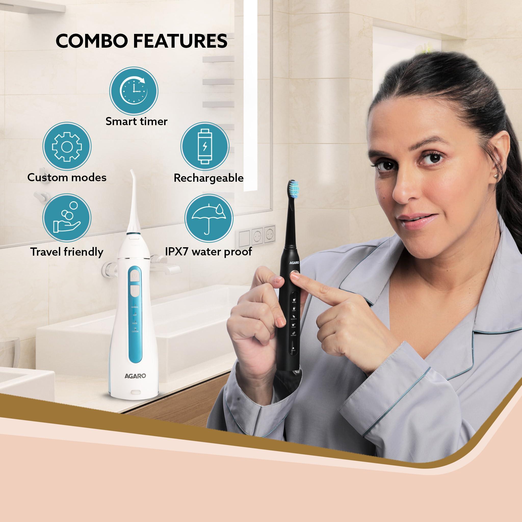 AGARO AGARO Cosmic Plus Sonic Tooth Brush Black & Ultra Portable Oral Irigator 200 ML White & Blue, Combo