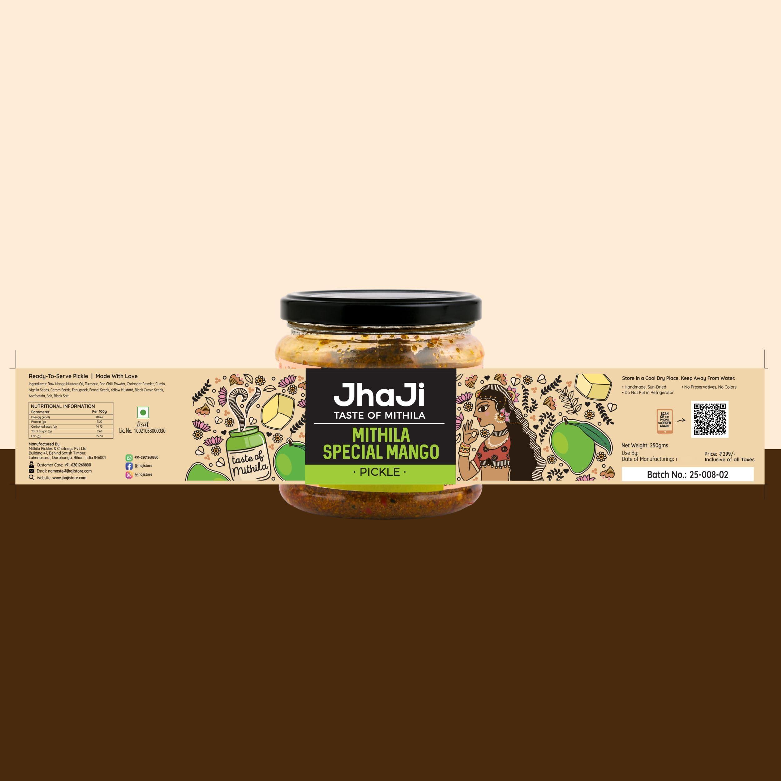 JhaJi - Taste of Mithila JhaJi - Taste of Mithila Special Mango Pickle|Bihari Style Aam Ka Achaar|Tangy & Spicy|Masaledaar & Khatta|1-Inch Mango Pieces|Sun-Dried. No Artificial Preservatives & Colors|Bihari-Style Pickle,250G