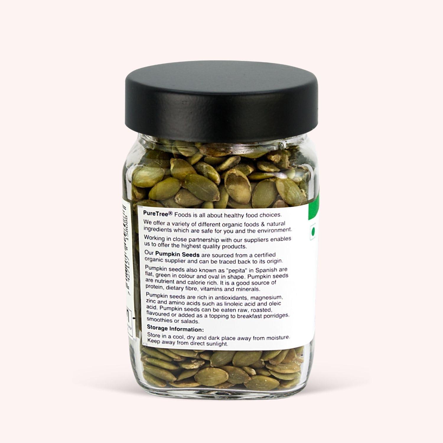 Pure Tree Pure Tree Certified Organic Pumpkin Seeds | 175 g | Glass Jar | Kaddu ke Beej | Organic Seeds for Eating Good Source Of Omega 3 | Raw Pumpkin Seeds Organic Superfood