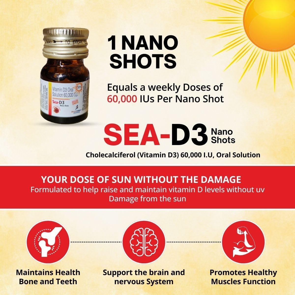 SEA SEA D3 Nano Shots/Vitamin D3 60000 I.U Suga Free Oral Solution Syrup(8 Shots Of 5Ml Each) = 2 Boxes, 1 Count