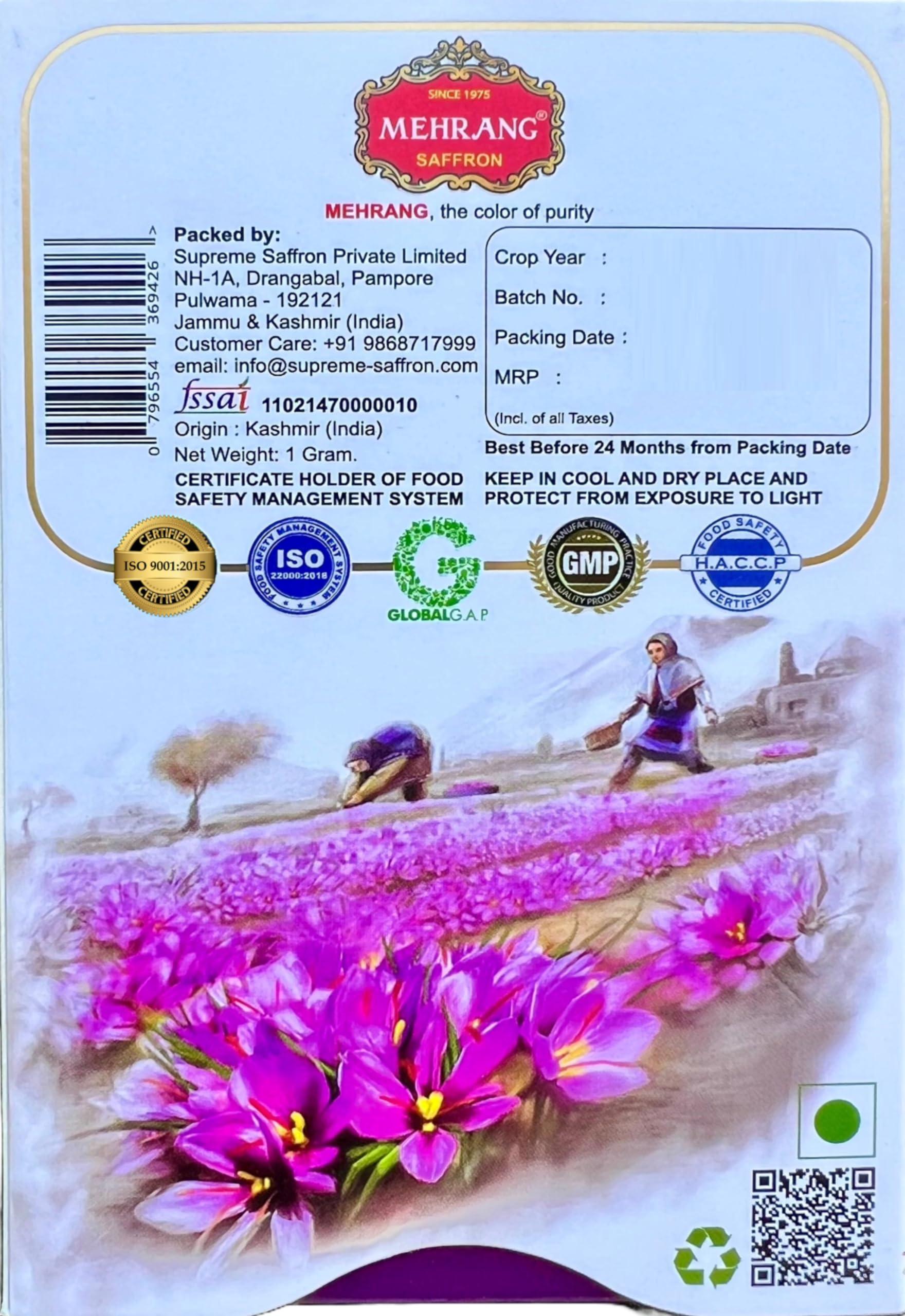 Mehrang Mehrang Saffron Original Kashmiri 1 Gram | Kashmir Kesar | Keshar | A+++ Grade Luxury Quality | Grown in Saffron Farms of Pampore | ISO 9001:2015, 22000-2018, HACCP, GMP Certified | Pack of 1