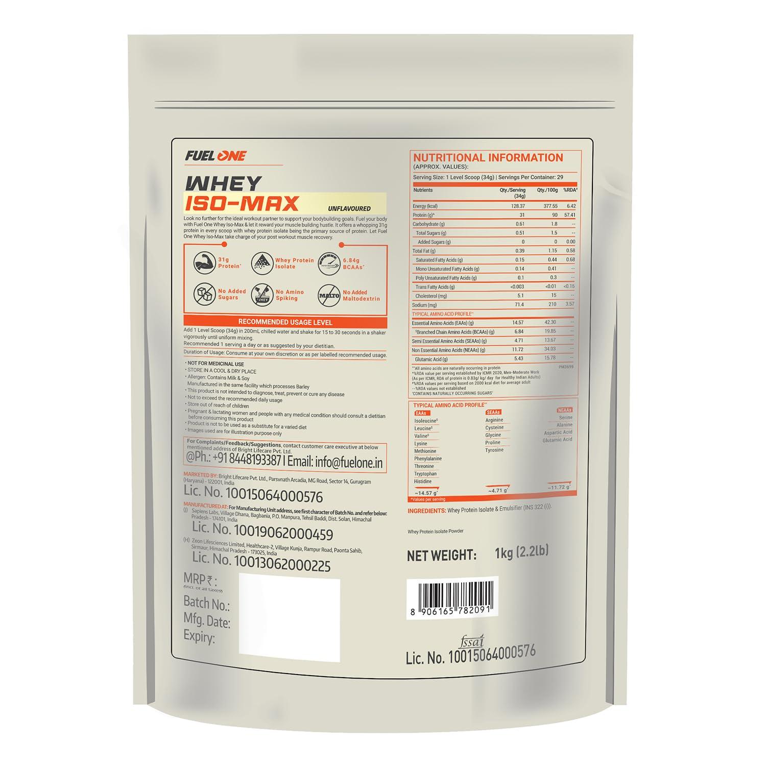 FUELONE FUELONE Whey Iso-Max (Unflavoured, 1kg / 2.2lbs) | Whey Protein Isolate | 31g Protein