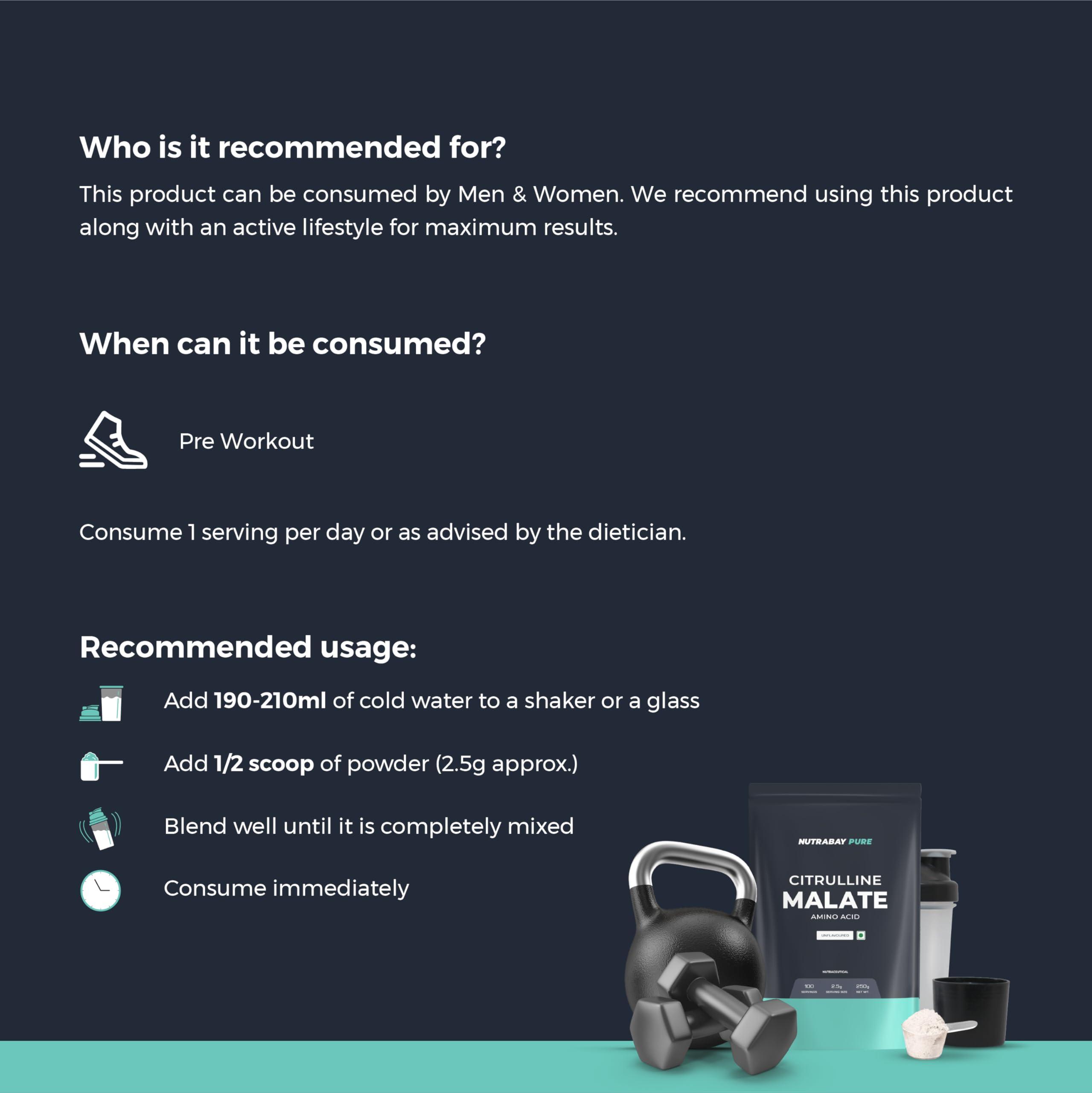 Nutrabay Nutrabay Pure 100% Citrulline Malate Powder - Boosts Nitric Oxide, Pre Workout supplement for Men & Women - 250g Unflavoured