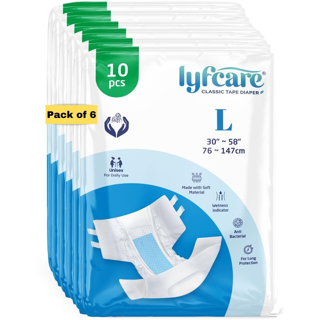 lyfcare Lyfcare Open Tape Adult Diaper Large Size (L) - 60 Units (Pack of 6) | Unisex Diapers Open Tape | Waist (76-147 cm) | Wetness Indicator, Super Absorb, 360 Protection & 0% Leakage | for Men & Women