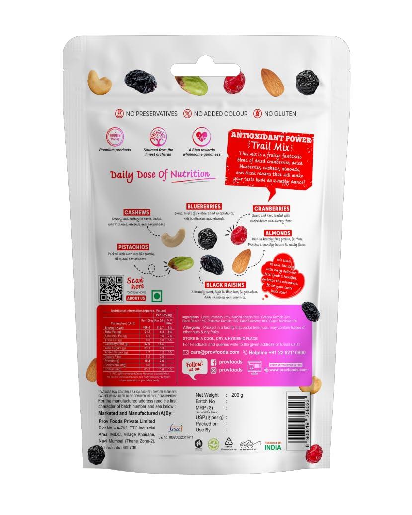 proV ProV Fusion - Antioxidant Power Trail Mix 200 g/ ProV Fusion - Berries & nuts Mix 200g | Cranberries | Black Raisin | Almonds | Cahsews | Blueberries | Pistachios | Satisfyingly Sweet & Nutty | Source of Plant-Based Proteins | Delectable Fusion of Be