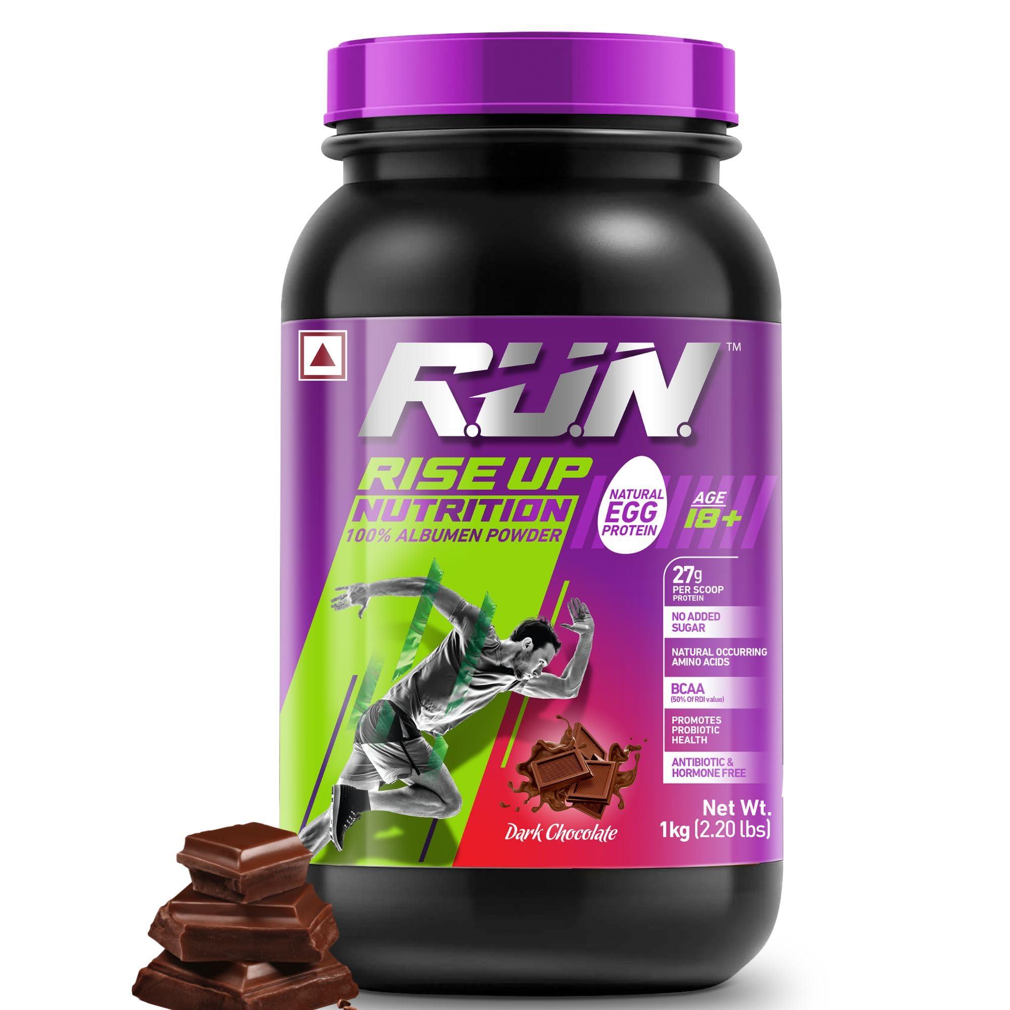 R.U.N-RISE UP NUTRITION R.U.N-RISE UP NUTRITION Egg White Protein Powder for Athletes,Gym & Fitness Enthusiasts |27g Protein & 14g EAA|Lactose, Soy & Gluten Free Egg Albumen Protein Powder for Immunity, Dark Chocolate -1kg