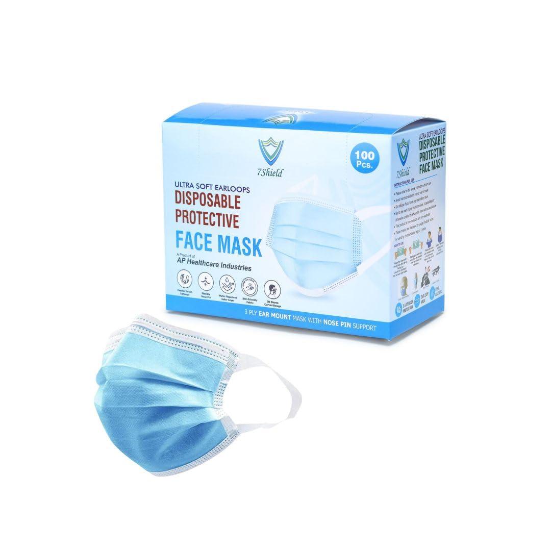 7Shield 7Shield Disposable Surgical 3Ply Unisex Mask - Ultra Soft Fabric Wide Ear Loop, Comfortable, Inbuilt Plastic Coated Nose Pin, CE and ISO Certified, Convenient Box Pack of 500 (Medical Blue Color)