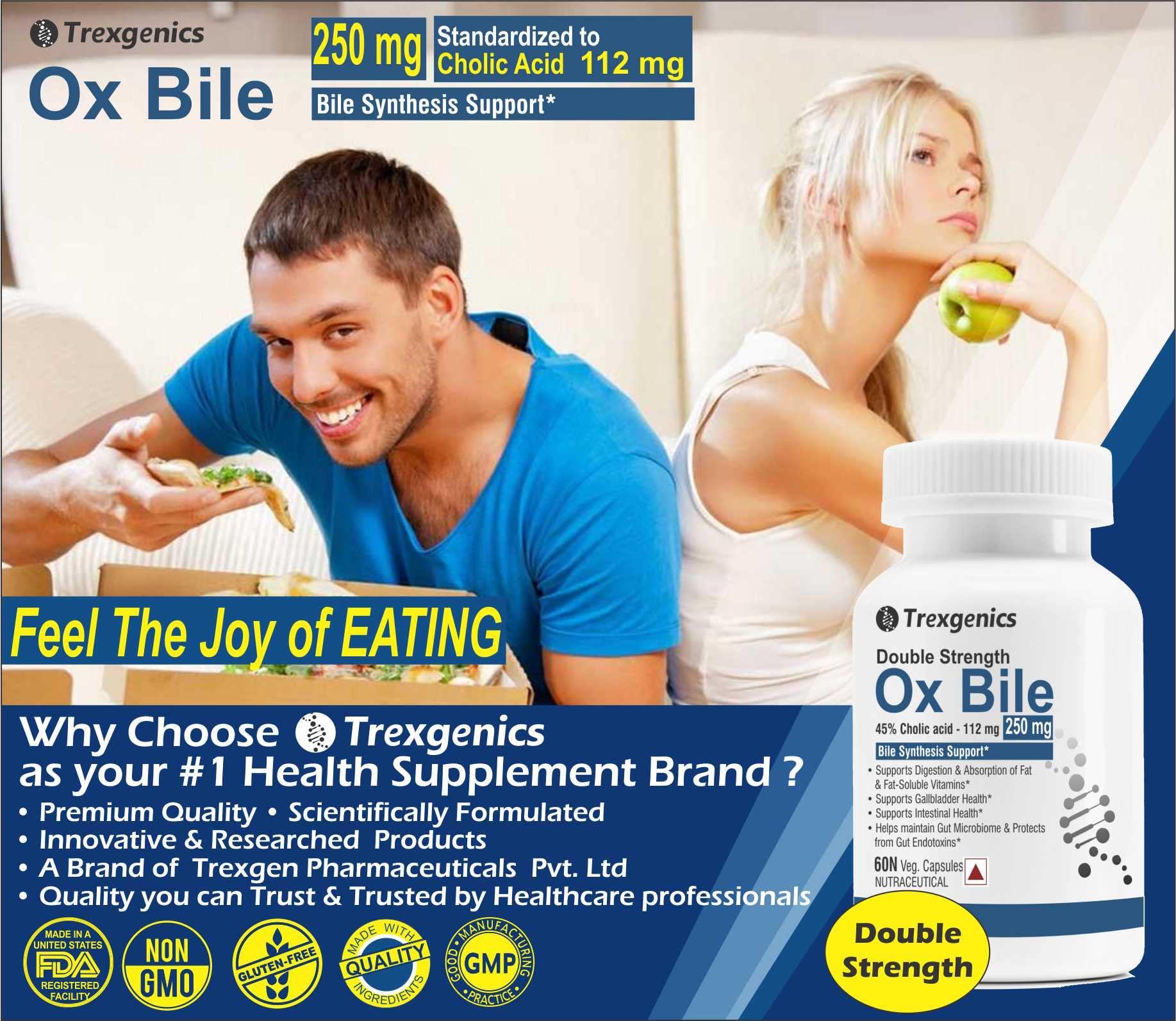 Trexgenics Trexgenics BILE EXTRACT 250 mg 45% Cholic acid DOUBLE STRENGTH Bile Synthesis Support (60 Vegan Capsules) (Pack of 2)