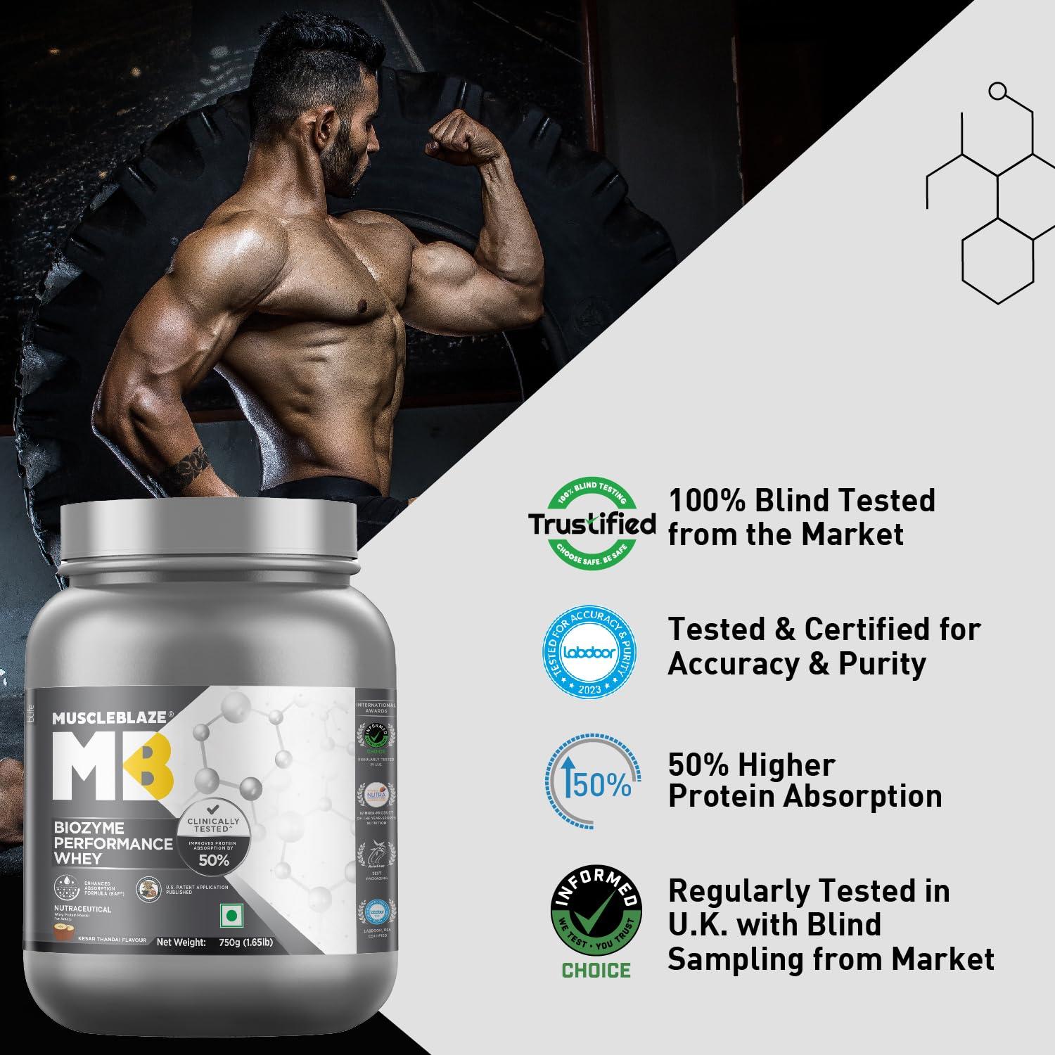 MuscleBlaze MuscleBlaze Biozyme Performance Whey Protein | Clinically Tested 50% Higher Protein Absorption | Informed Choice UK, Labdoor USA Certified & US Patent Filed EAF (Kesar Thandai, 750 g / 1.65 lb)