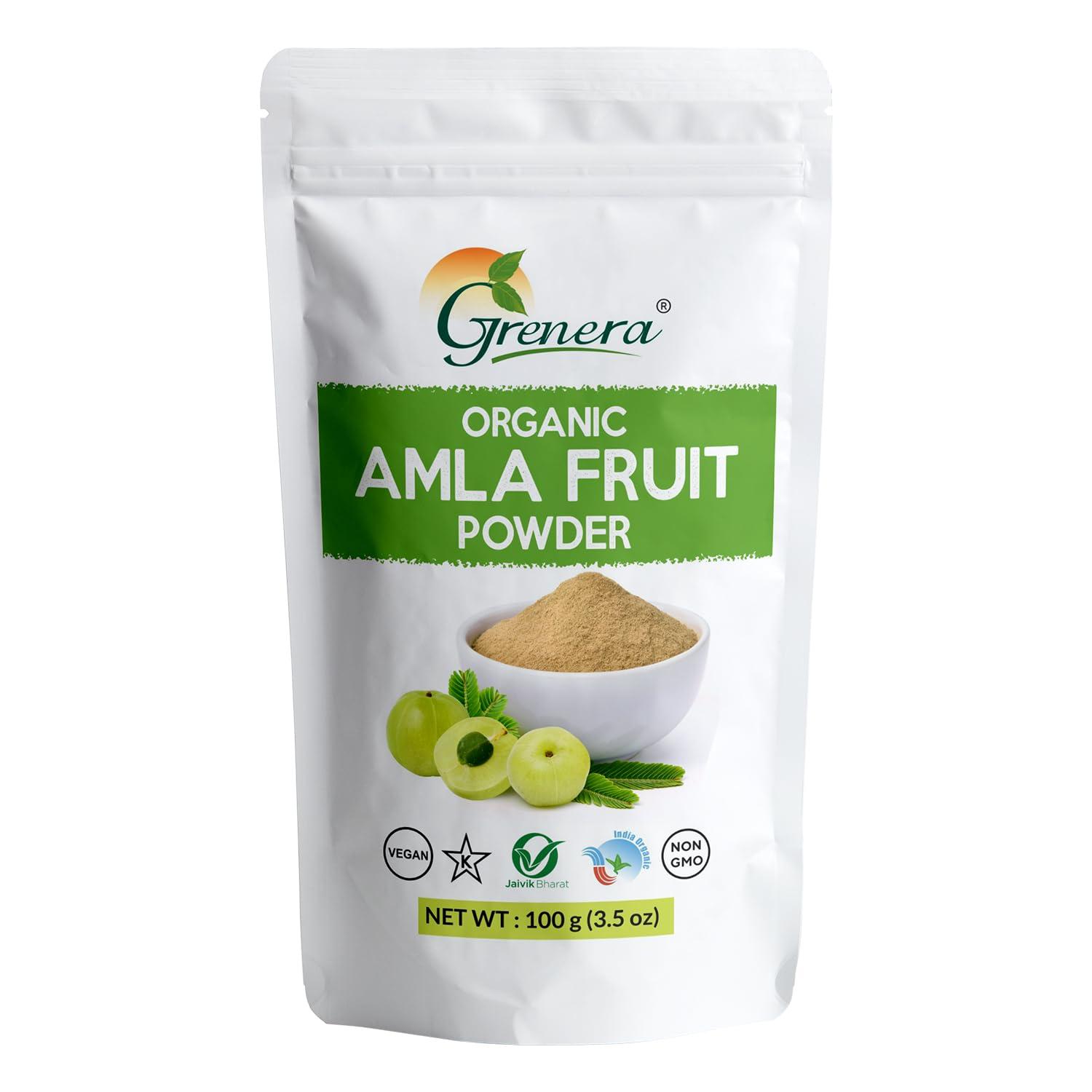 GRENERA Grenera Organic Amla Fruit Powder 100 grams for Multi purpose use. Indian Gooseberries for drinking and eating, no added preservatives