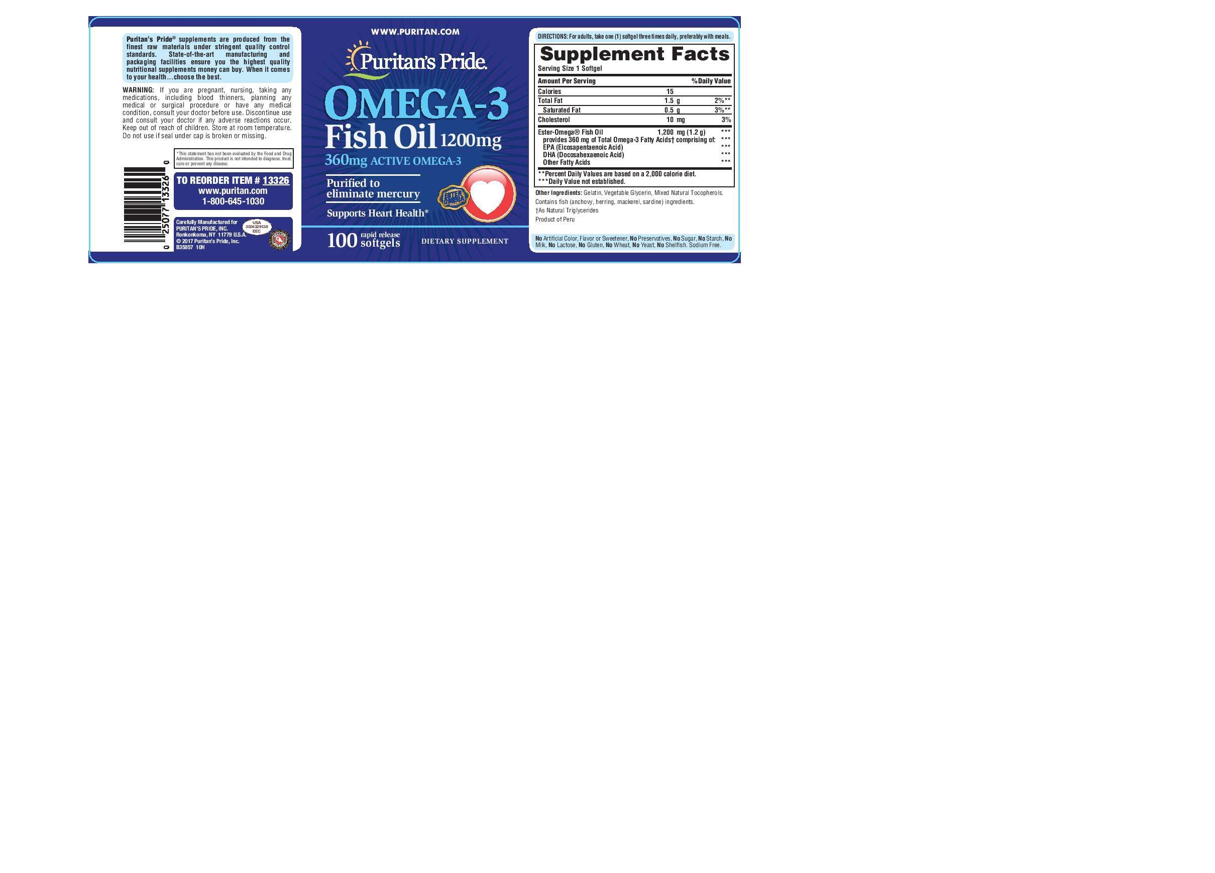 Puritan\'s Pride Puritans Pride Nutritional Softgels, Omega-3 Fish Oil, 1200 mg, 100 Count