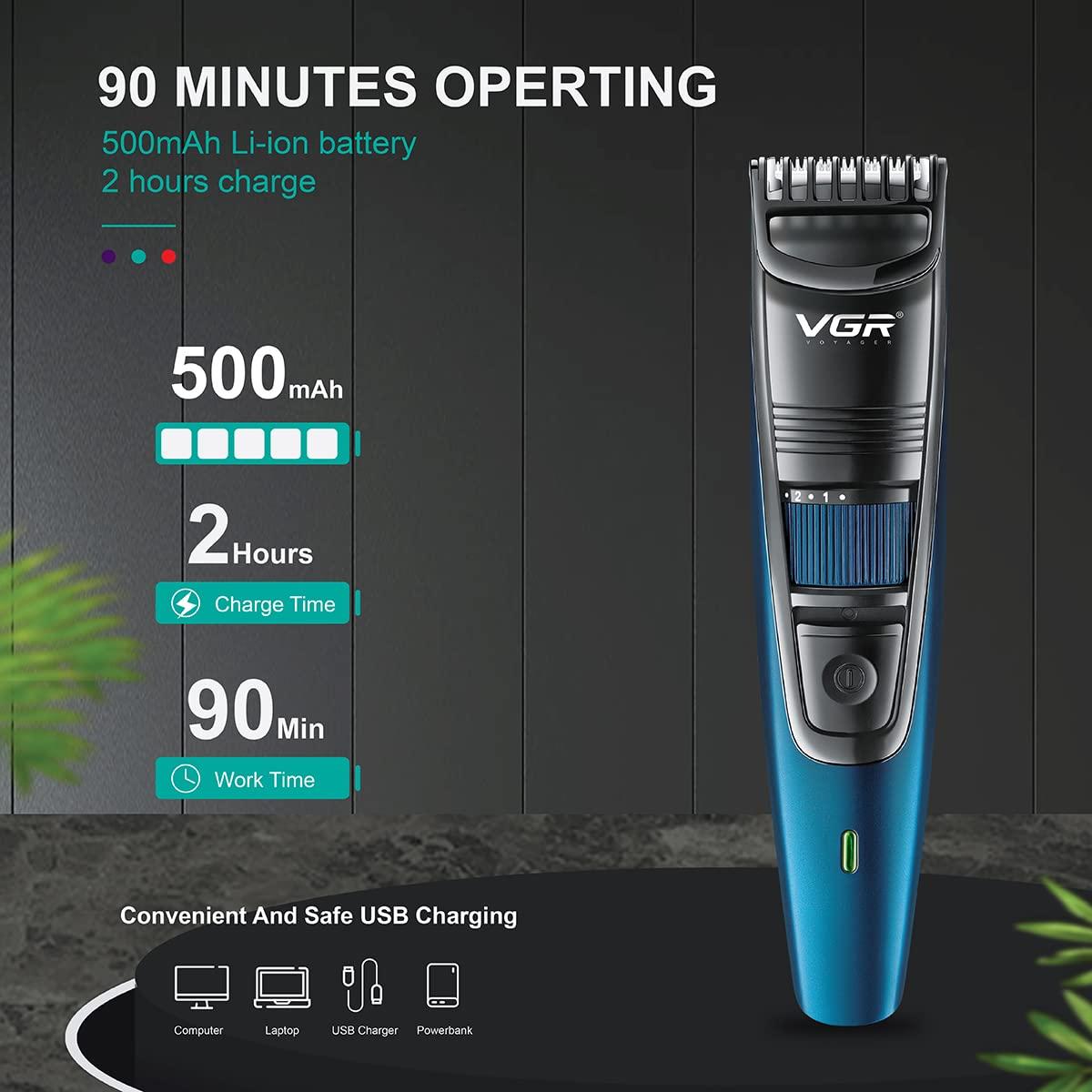 VGR VGR V-052 Professional Hair Trimmer for men  Adjustable Length Settings (0.5-10mm), USB Rechargeable, Cord/Cordless Operation, Washable Head, Includes Guide Comb & Cleaning Accessories (Blue)