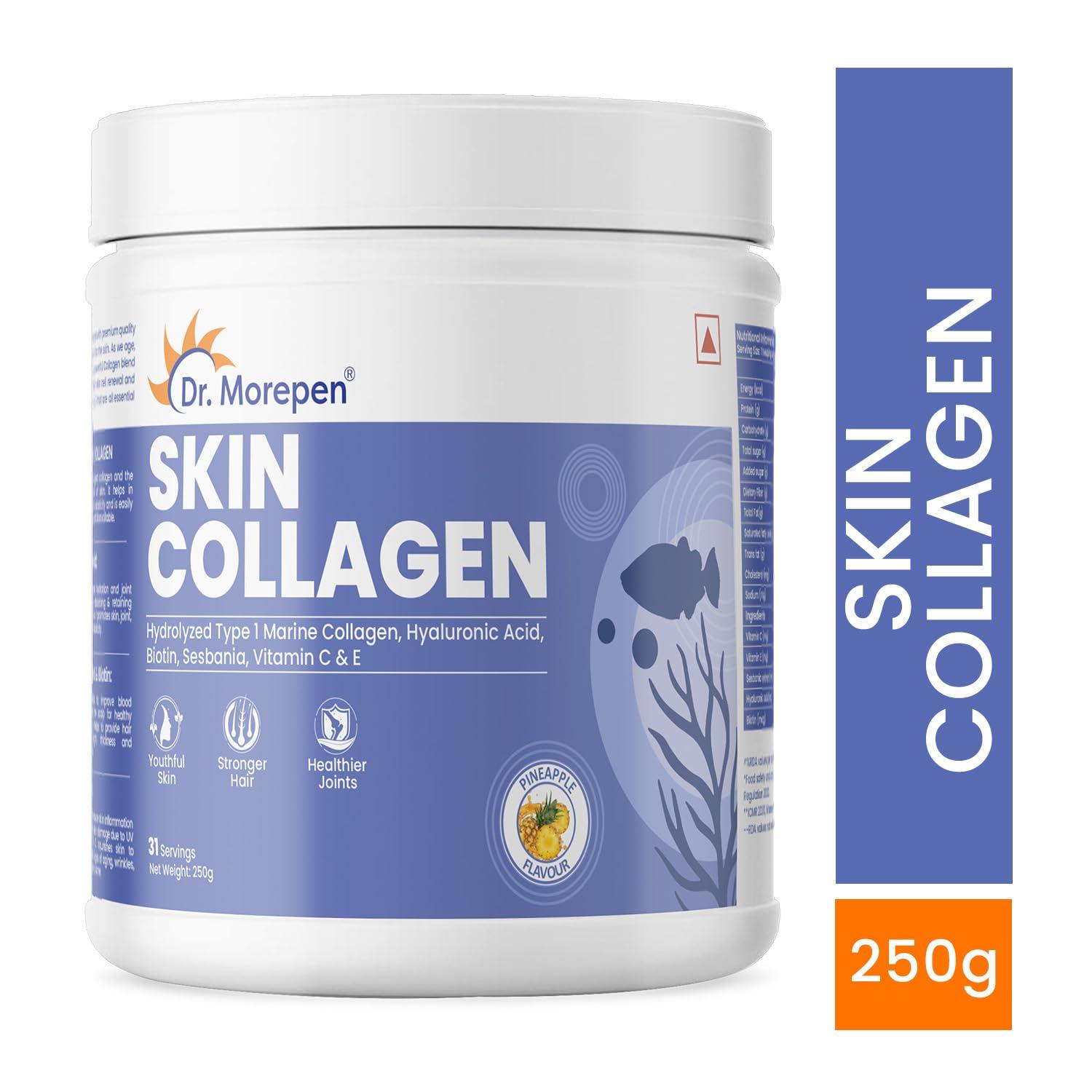 Dr. Morepen DR. MOREPEN Marine Collagen Skin Protein Powder With Hyaluronic Acid, Vitamin C, Sesabania & Biotin | Pineapple Flavour | 250g