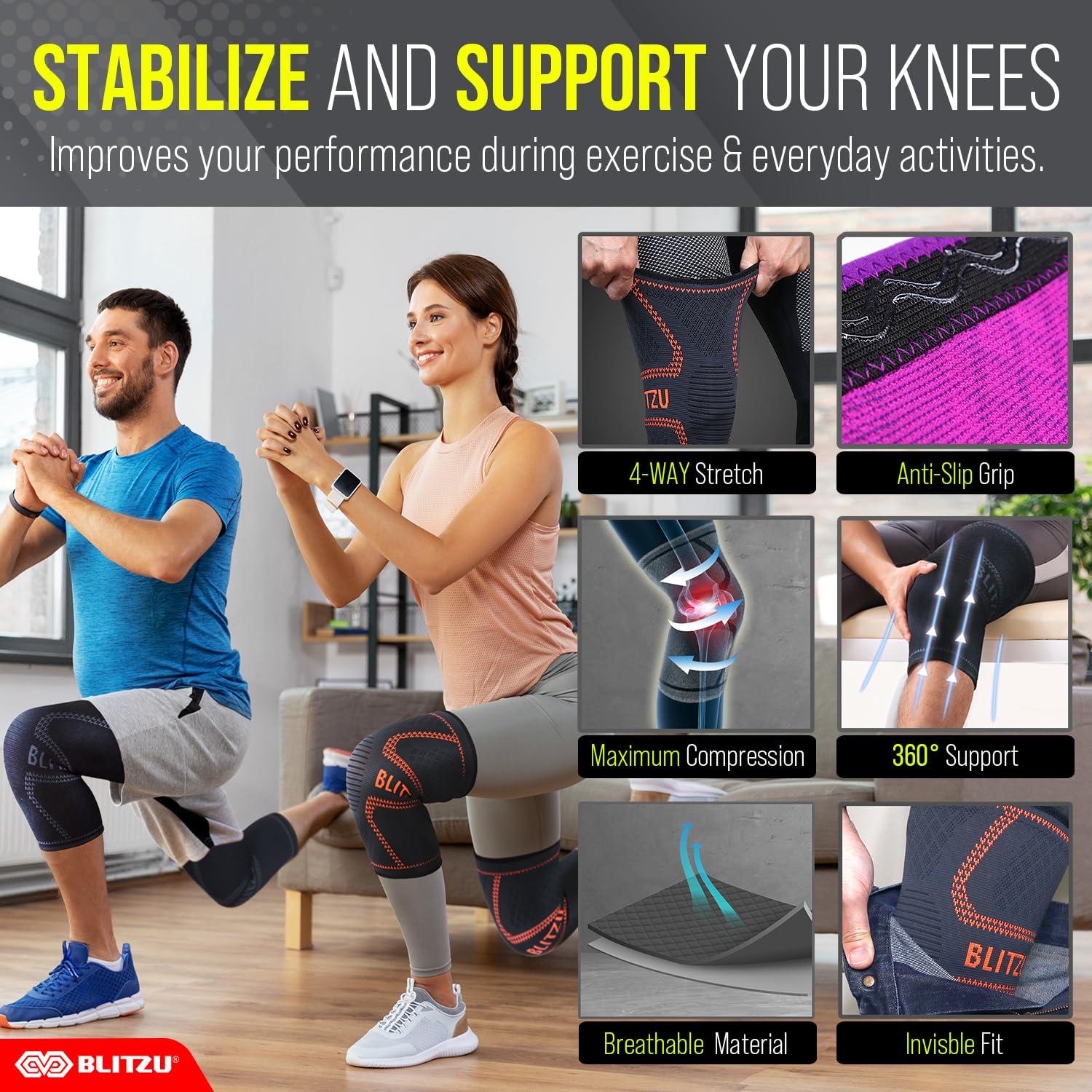 BLITZU BLITZU Flex Plus Compression Knee Brace Men and Women for Joint Pain, ACL MCL Arthritis Relief Meniscus Tear Support for Running Gym Workout Recovery Sleeves Strap Patella 7mm 5mm Neoprene Pad