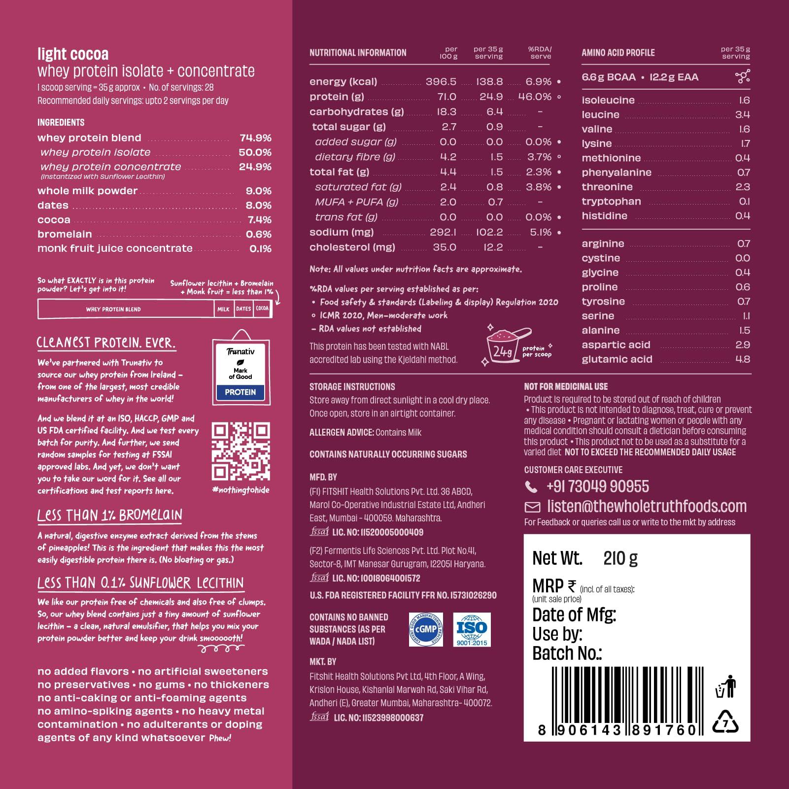 The Whole Truth The Whole Truth Whey Protein Isolate+Concentrate | Light Cocoa 210g (Pack of 6) | 24g Protein/Sachet 6.6g BCAA | 100% Authentic & No Adulteration | Clean, Light & Easy to Digest | Sample & Travel Pack