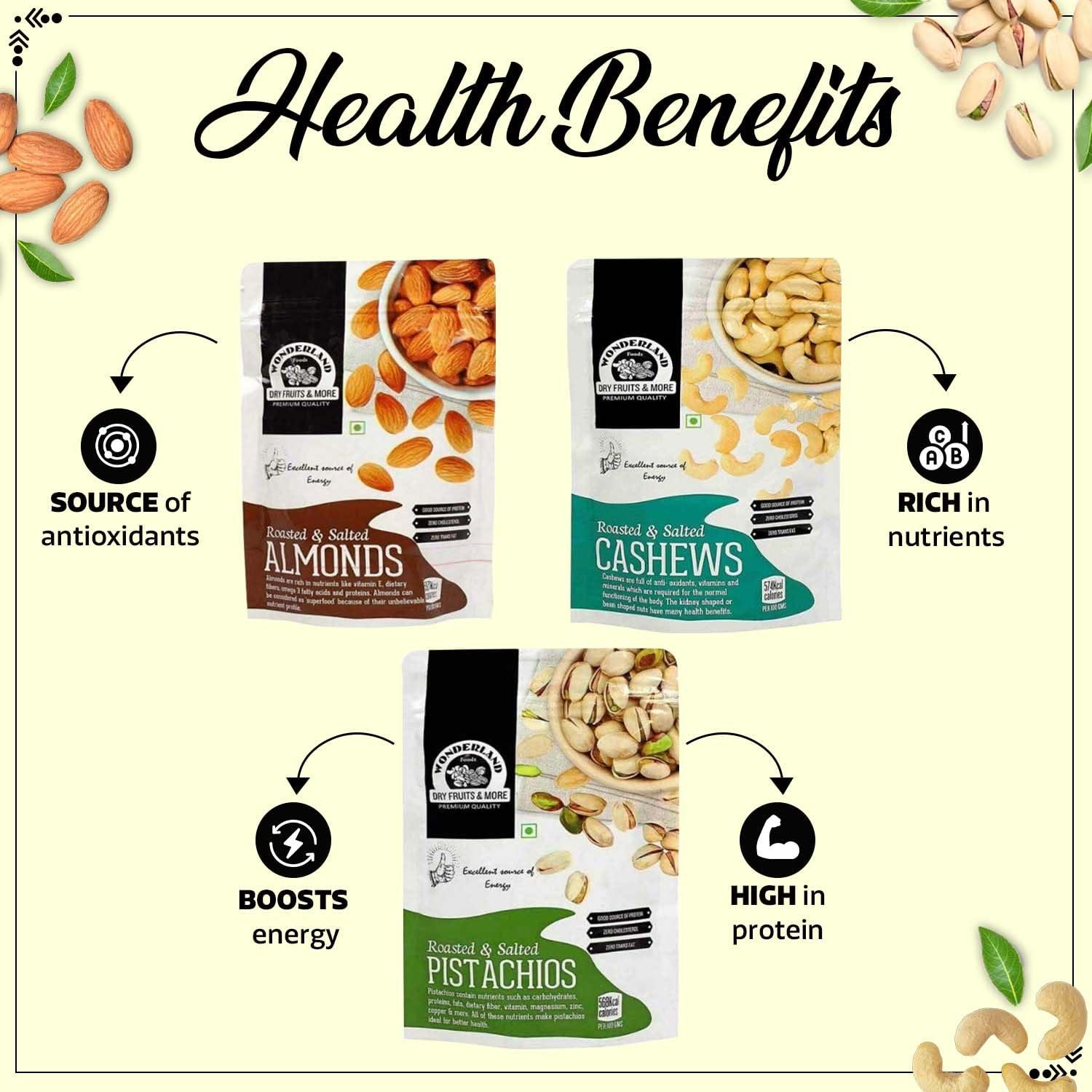 WONDERLAND FOODS (DEVICE) WONDERLAND FOODS Roasted and Salted Dry Fruits Combo Pack of 3 (Almonds, Cashew Pistachios), 100 g Each