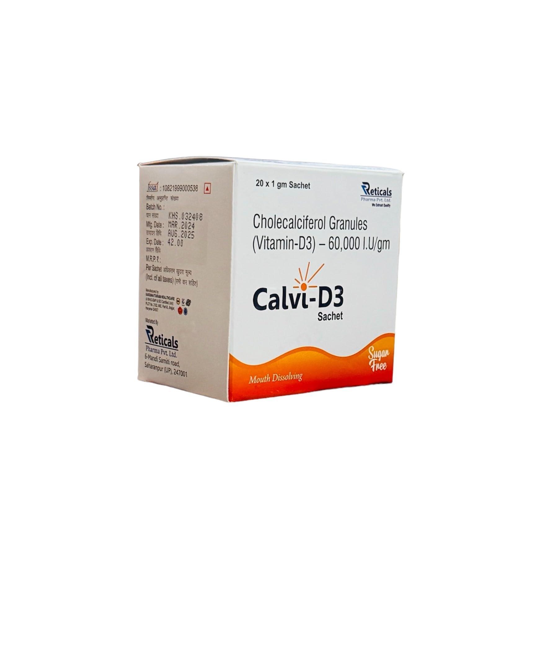 Generic Reticals Vitamin D3 Sachet for Strong Bones, Muscles, Immune System, Cholecalciferol Vitamin D3 Powder Supplement, Pack of 20 Sachet