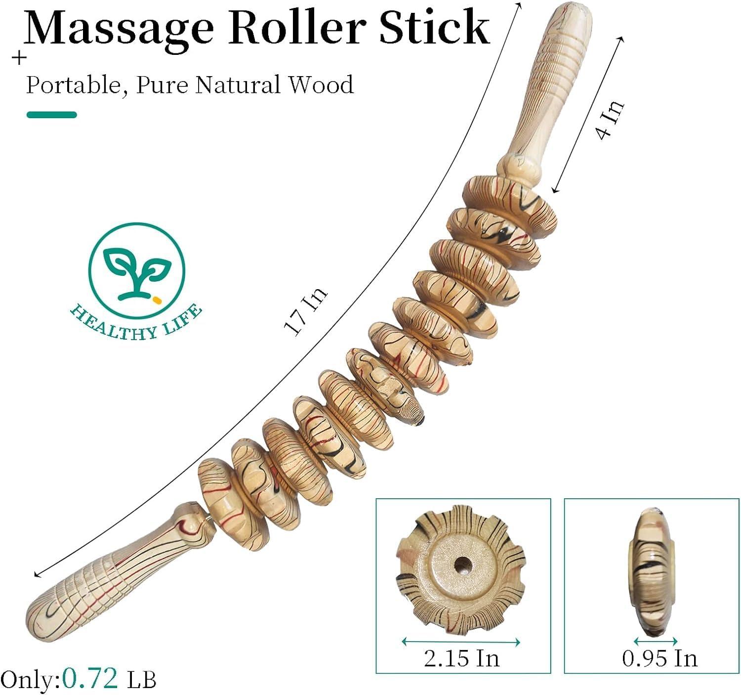 HEVASNEK HEVASNEK 12 wheel Wood Therapy Roller Stick Massage Tool, Curved Design Full Body Pain Relief Handheld Back Massage Muscle Roller Stick Trigger Points, Sculpt and Detoxify [45x6x6 CM ]