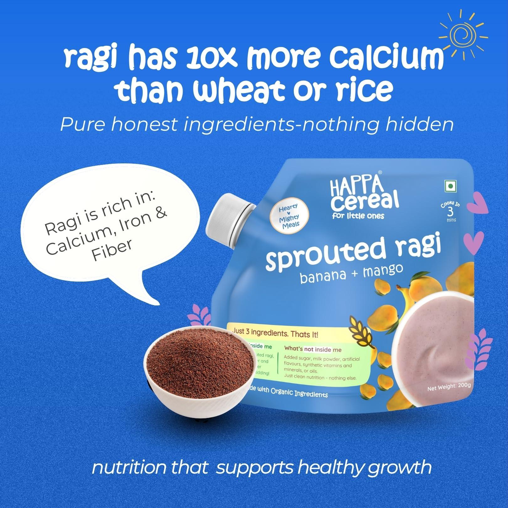 HAPPA Happa Organic Baby Food Sprouted Ragi, Mango and Banana Cereal Mix Porridge | Calcium Booster - Bone Strength | 100% Natural, Organic Khichdi | No Added Salt, Sugar or Milk | No preservatives | 200gm
