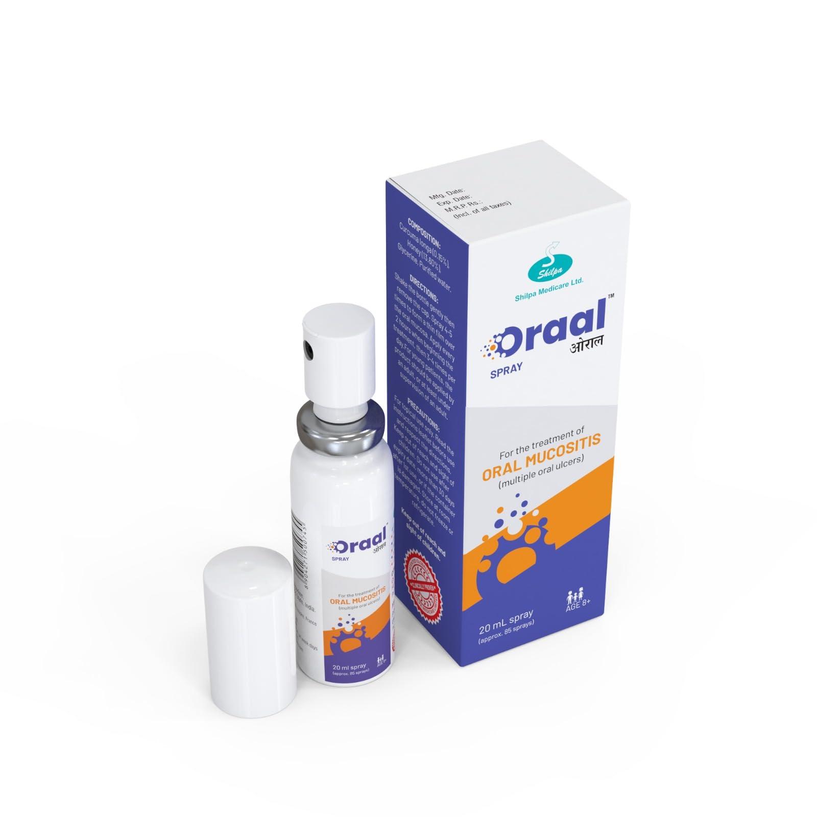ORAAL ORAAL SPRAY 20ml mouth spray| Mouth Ulcers|Oral Mucositis |Mouth Sores| 100% relief |No Colors| No Alcohol| Suitable for all ages above 8Yrs| 20ml | Pocket friendly Pack| 100% Natural & Patented
