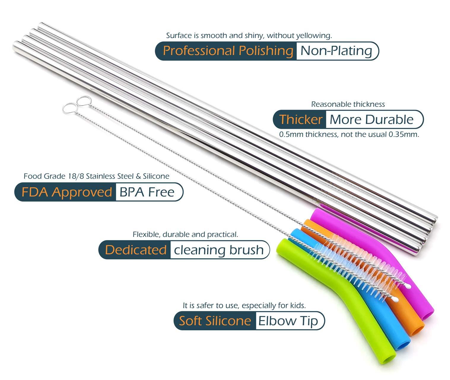 GFDesign Big Drinking Straws Reusable 14.5\" Extra Long 8mm Extra Wide Food-Grade 18/8 Stainless Steel Silicone Elbows Tips for Smoothie Milkshake Cocktail Juice Hot Drinks - Set of 4 + 2 Cleaning Brushes