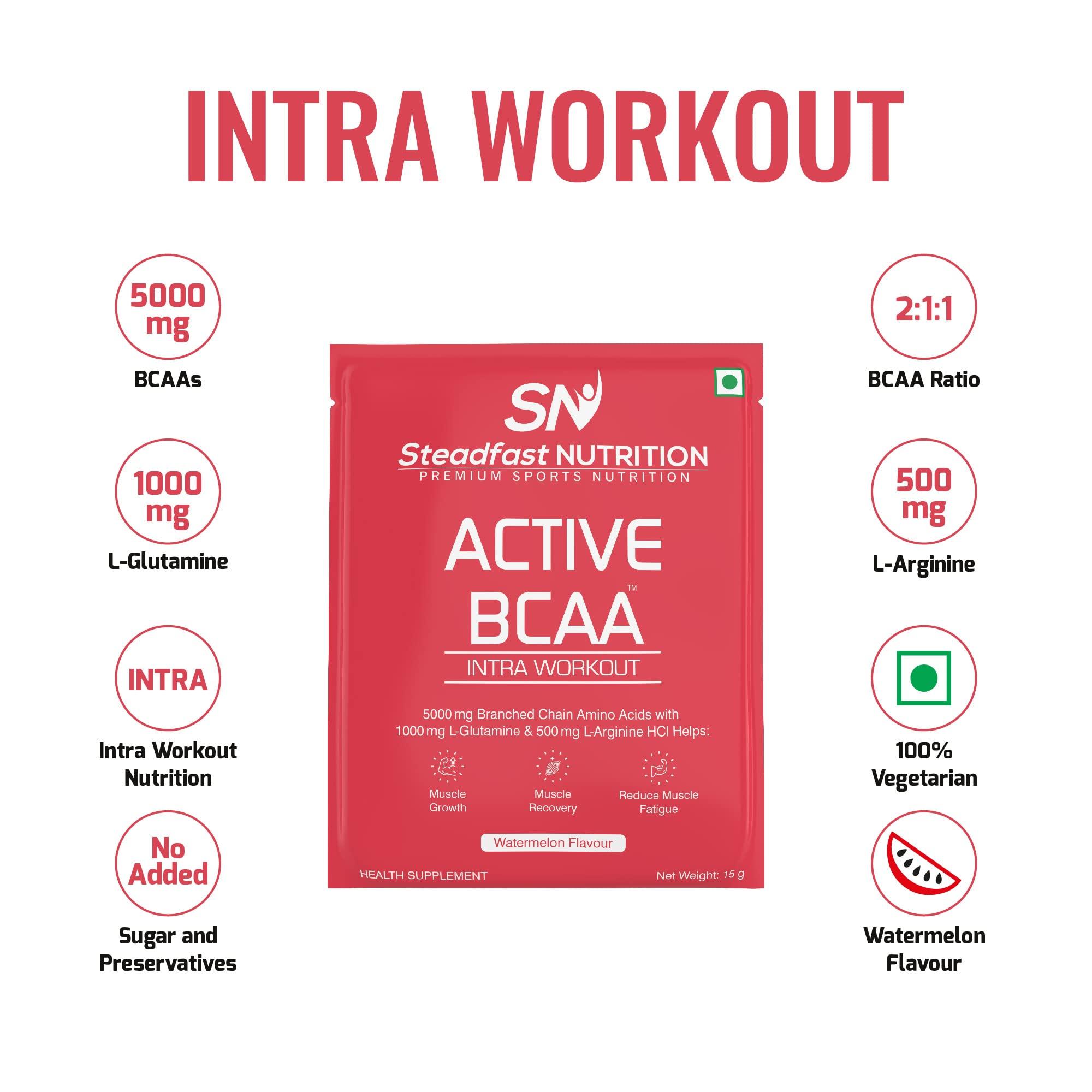 Steadfast Nutrition Steadfast Nutrition Active BCAA | Pre Workout BCAA Supplement in 2:1:1 Ratio | Muscle Recovery & Endurance, Intra workout | BCAA with L-Glutamine & L-Arginine | Watermelon Flavour (450g, 30 Sachets)