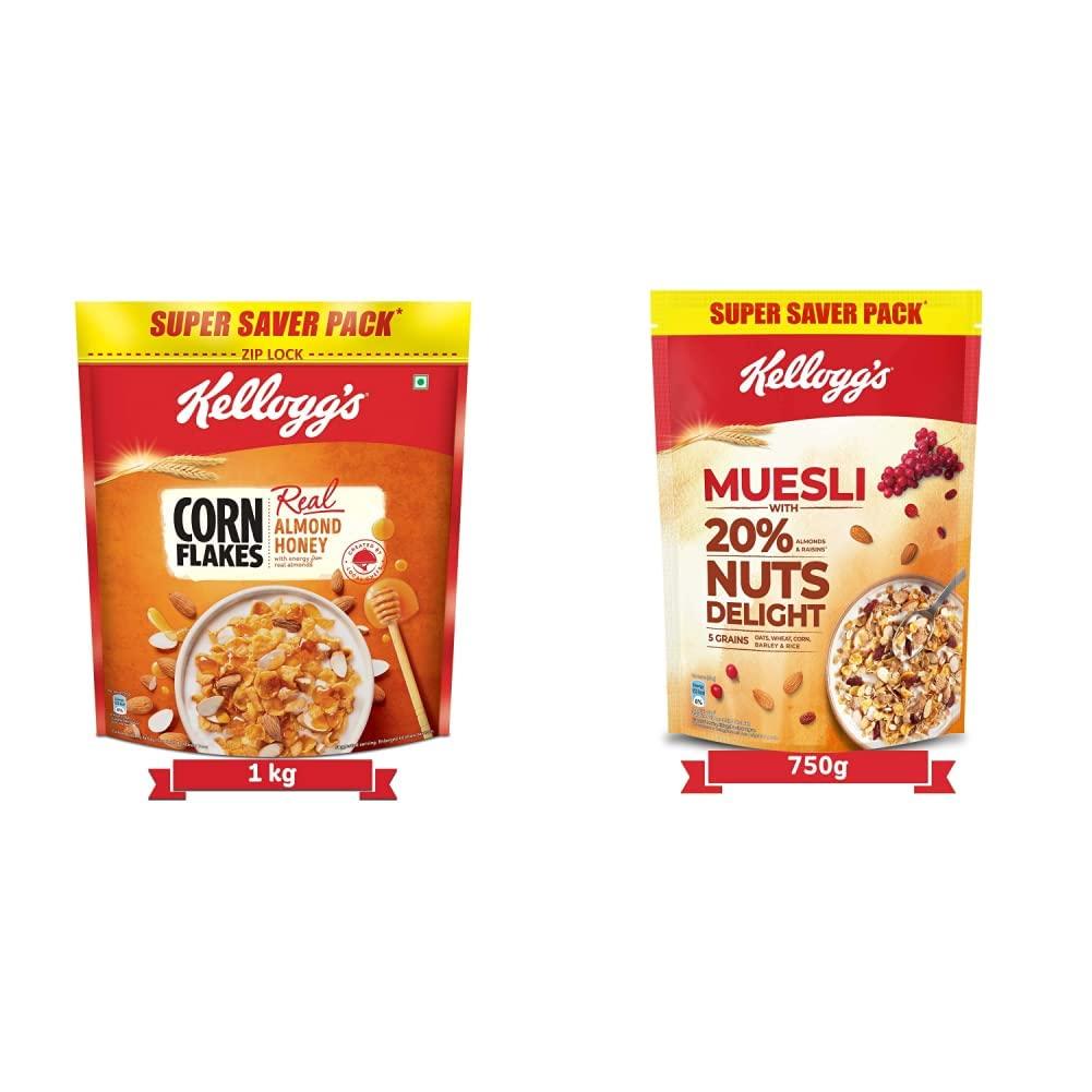 Kellogg's Kellogg\'s Combo, Corn Flakes Real Almond And Honey, 1 Kg And Kellogg\'S Muesli With 20% Nuts Delight Pouch, 750 G