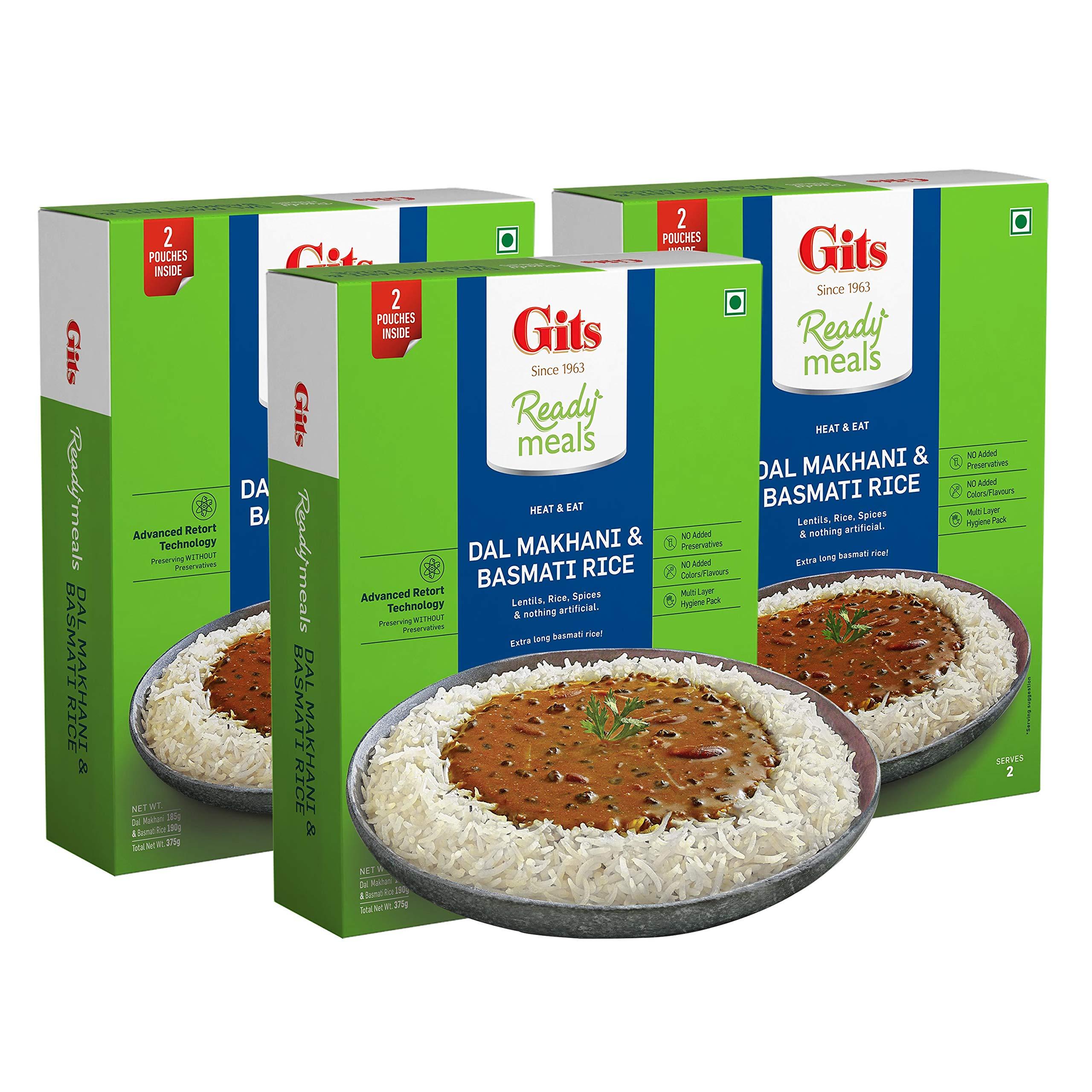 Gits Gits Ready to Eat Basmati Rice + Dal Makhani Combo Indian Meal, Pure Veg Heat and Eat, 1125g (Pack of 3 X 375g Each)