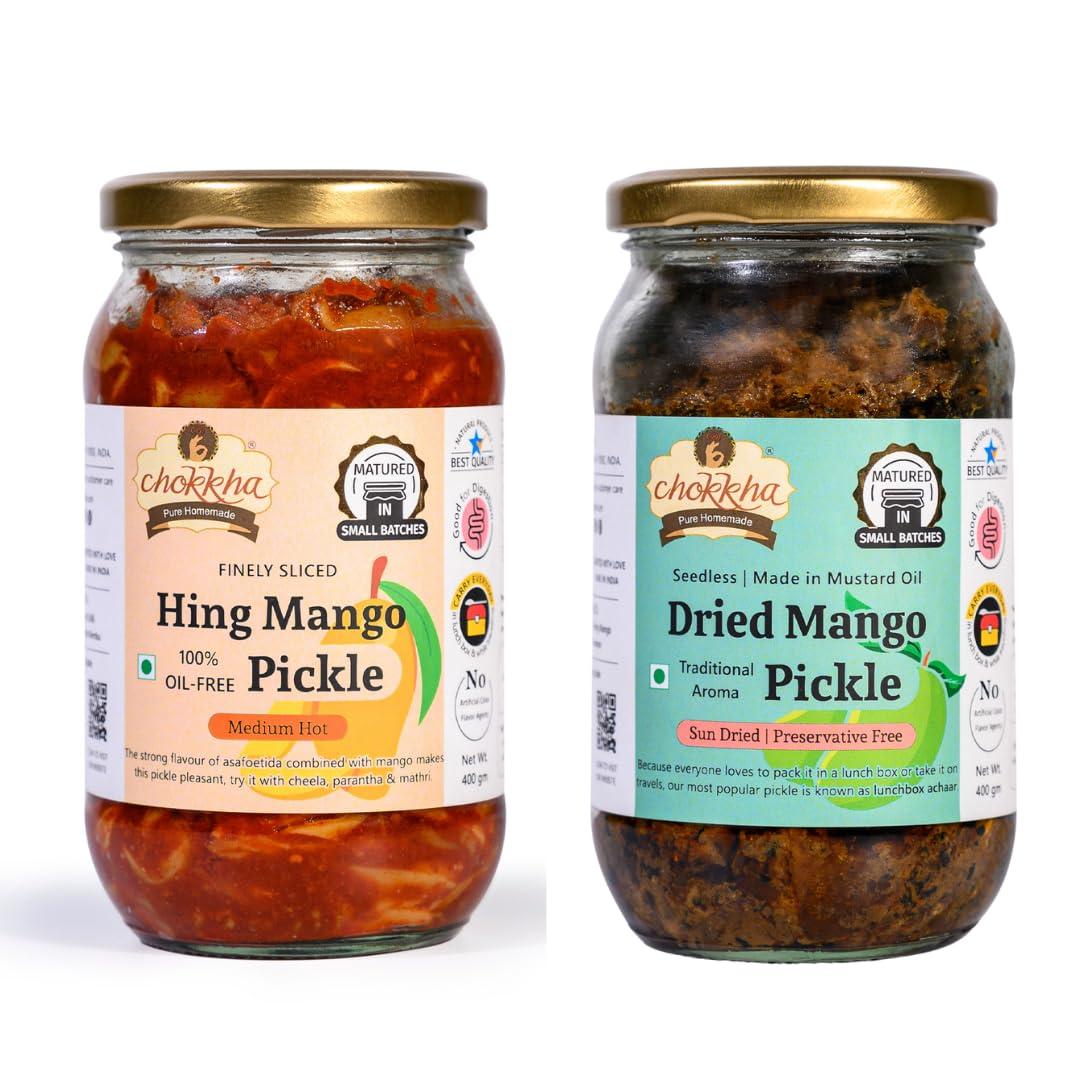 Chokkha Chokkha Traditional Homemeade Hing Mango & Dried Mango Pickle (Hing Aam, Sukha Aam) | No colour Added | Vegan | 100% Oil-Free | Combo of 2| 400 Gm Each