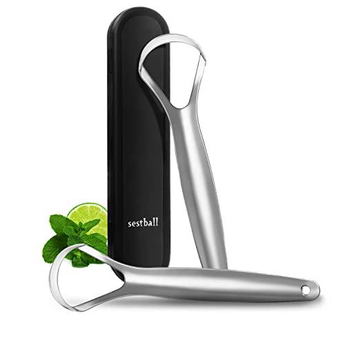 Sestball 2 Pack Tongue Scraper Cleaner for Adults & Kids, Medical Grade Metal Tongue Scrapers with Travel Case, Wide-Head Tongue Cleaners Set for Fresh Breath Dental Eliminate Bad Breath in Seconds