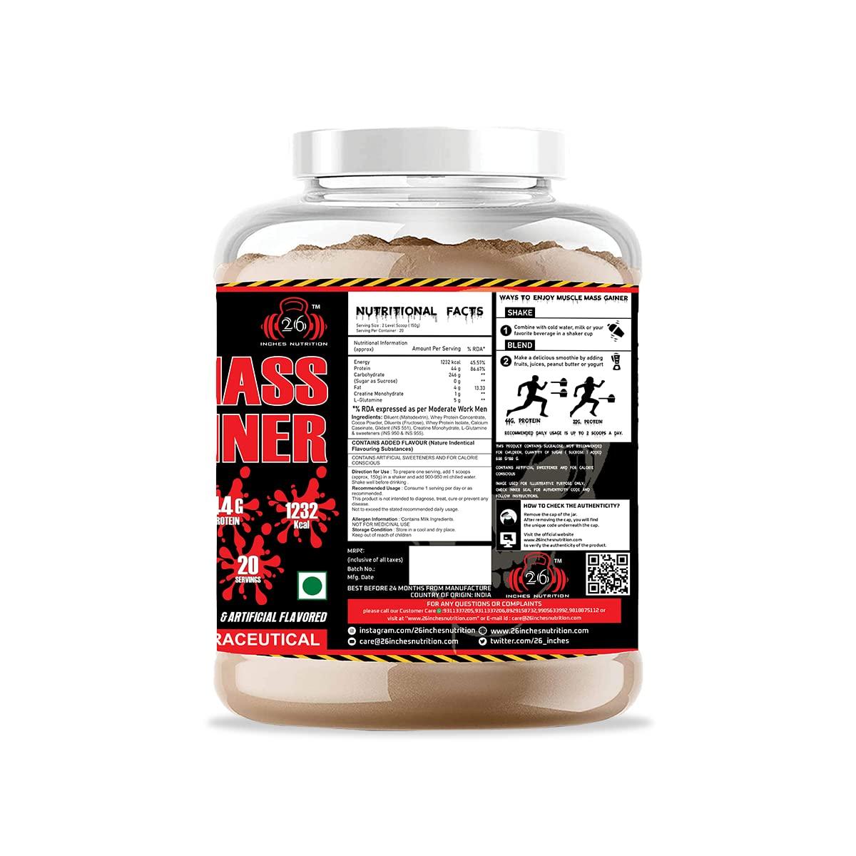 26 INCHES NUTRITION INC 26 INCHES NUTRITION INC Mucle Mass Gainer-3 Kg & Green Panther-1 Kg | Mass Gainer | Weight Gainer | Lean Gainer (Mango, Energy Drink-Green Apple)