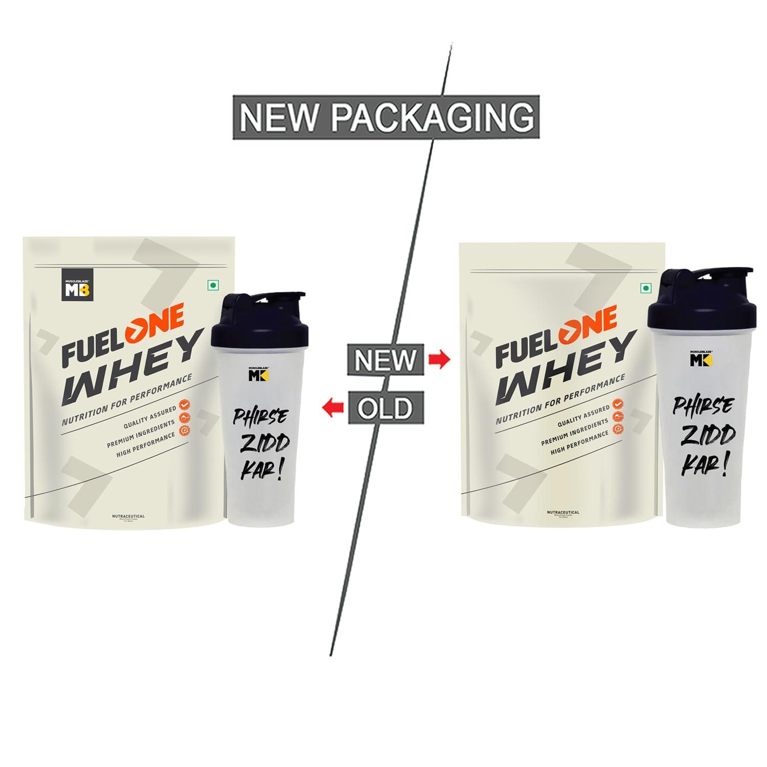 MuscleBlaze FUELONE Whey Protein (Chocolate, 1kg / 2.2lbs) with Shaker, 650ml | Combo Pack | 24g Protein | 5.29g BCAA, 4.2g Glutamic Acid