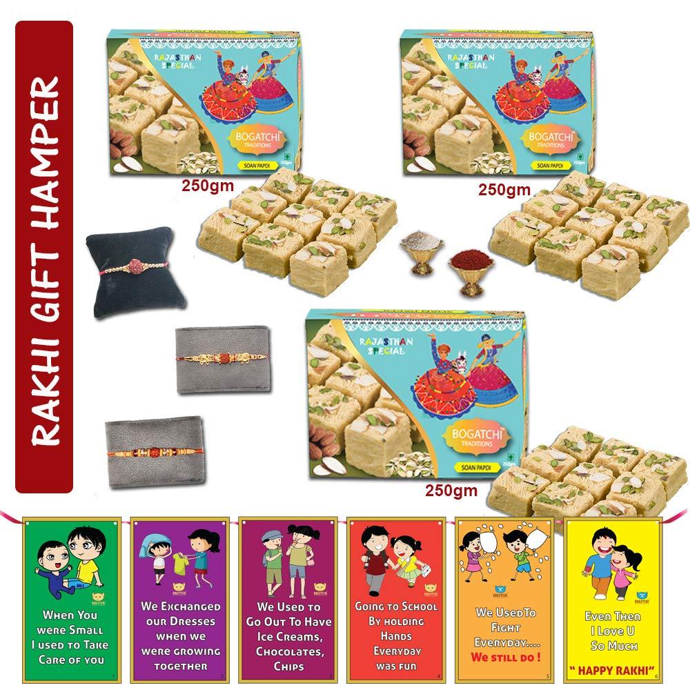 BOGATCHI BOGATCHI Rakhi Combo, 3 Cultural Soan Papdi 250g + 3 Rakhi + Roli Chawal + Free Rakhi Greeting Card