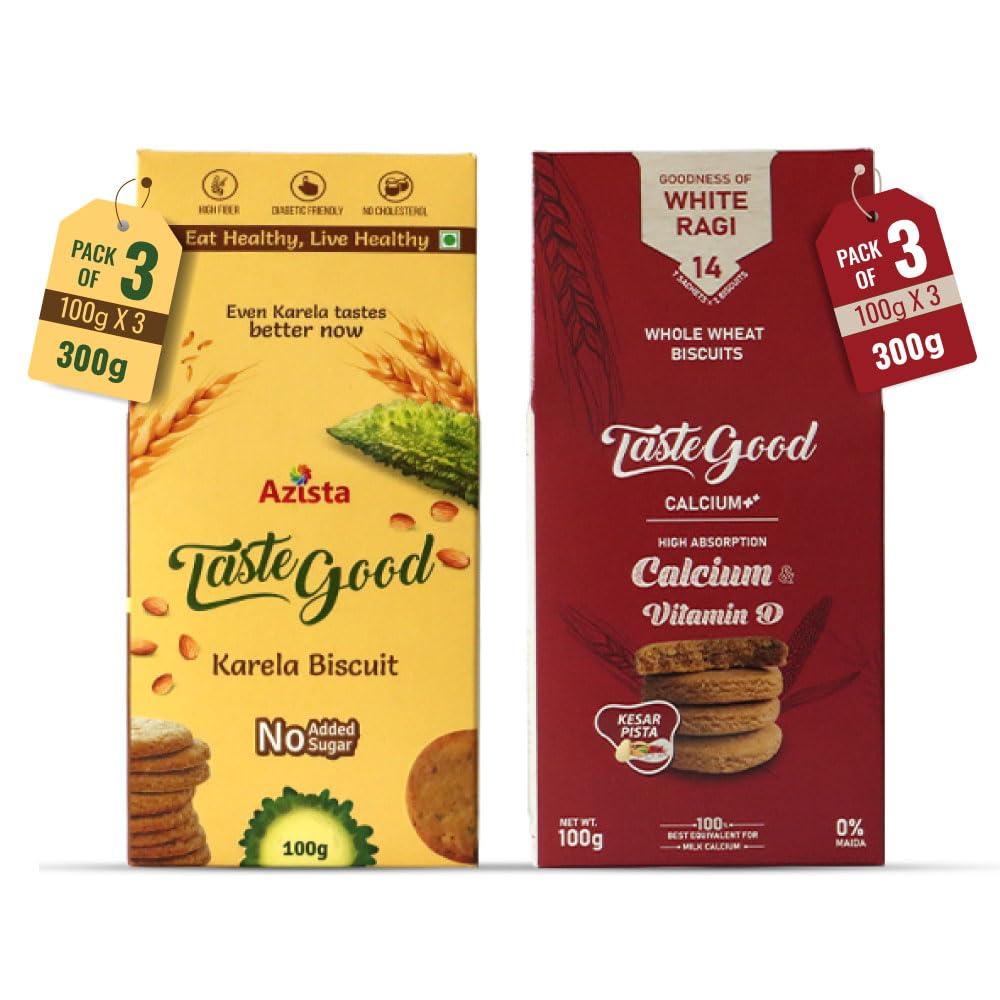 AZISTA INDUSTRIES PRIVATE LIMITED Taste Good Combo - Karela Biscuits Sugar Free Pack of 3 and Calcium & Vitamin D Biscuits Pack of 3 (100g X Pack of 6)
