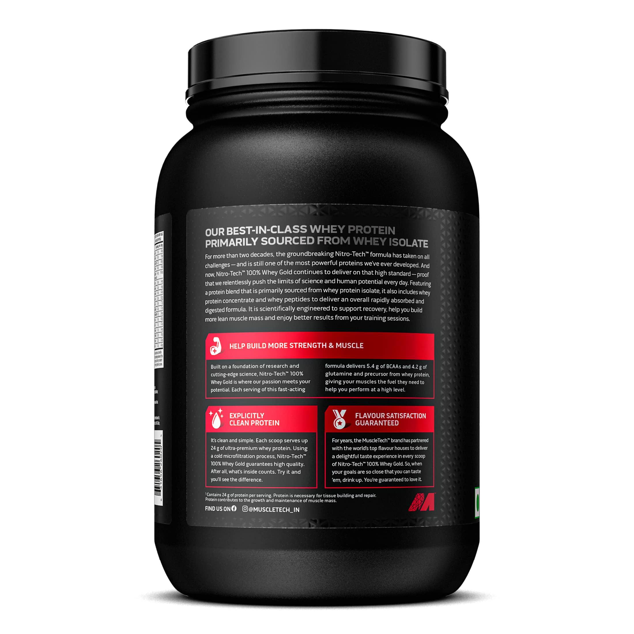 MuscleTech Muscletech Nitrotech 100% Whey Gold, 907g (2lbs), Mango Delight, Primary Source- Whey Protein Isolate, 24G OF PURE PROTEIN FOR ENHANCED LEAN MUSCLE, STRENGTH AND RECOVERY, Gluten Free, Vegetarian