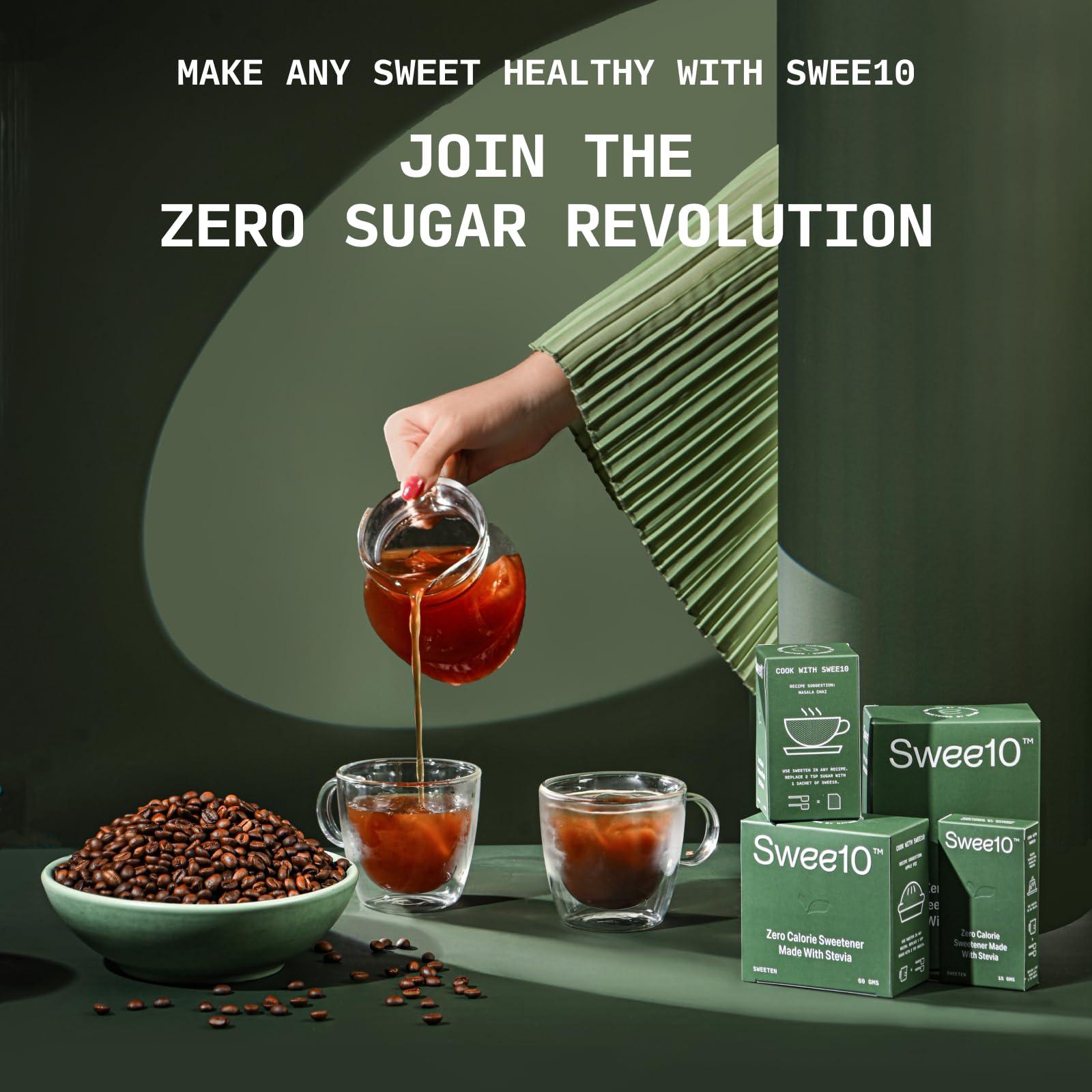 SWEE10 Swee10 Natural Stevia Sweetener - Zero Calorie Sugar Substitute for Low Sugar, Low Carb Diets - Vegan, Non-GMO Powder for Hot & Cold Drinks, Making Coffee & Tea, Cooking & Baking 90g Sachet Box