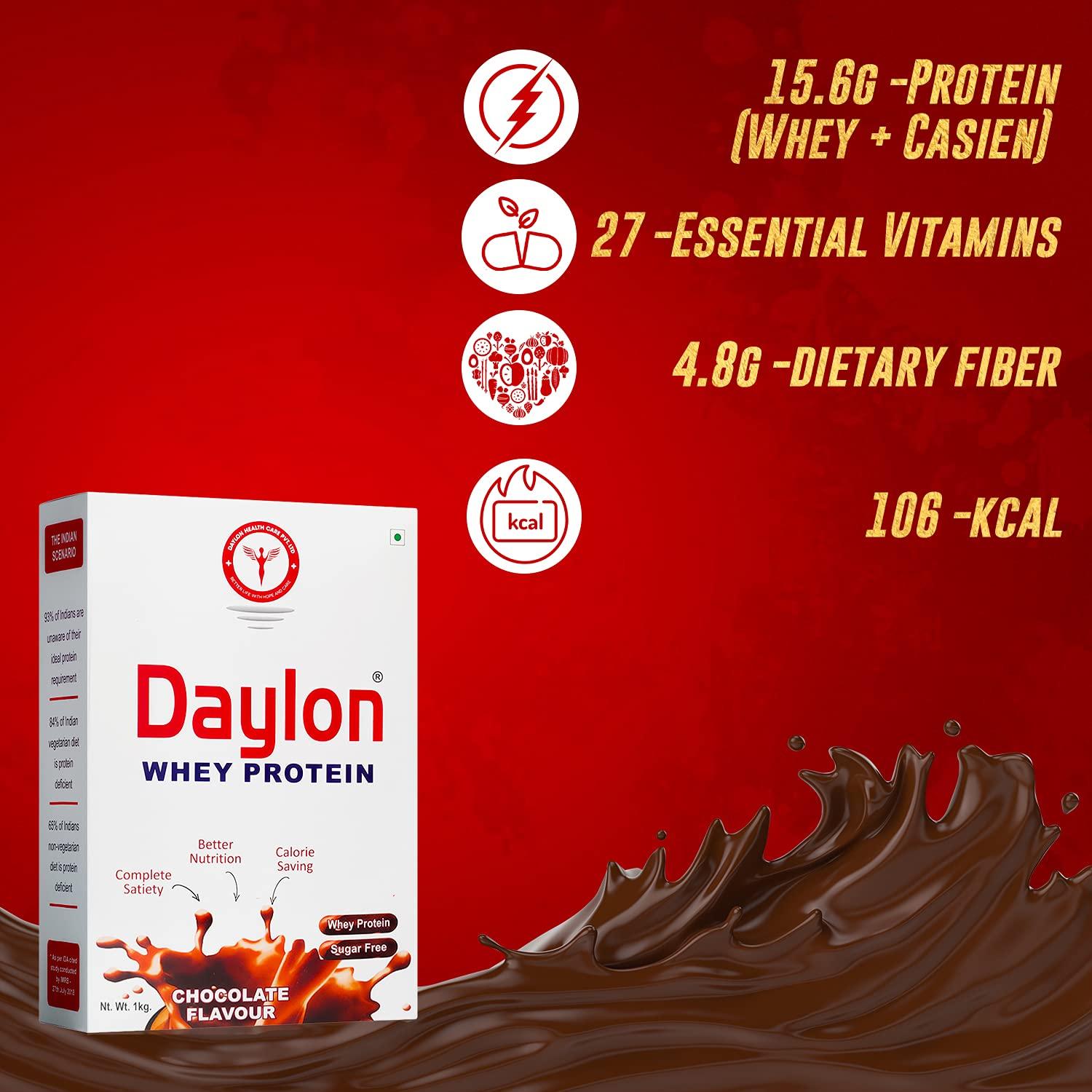 DAYLON HEALTH CARE DAYLON HEALTH CARE Diabetic Care Protein Powder Sugar Free|15.6G Protein Per 30G Of Serving,Provides 27 Vitamins&4.8G Fiber|Best Whey Protein Powder For Diabetic Patients 500Gm (Chocolate Flavour)