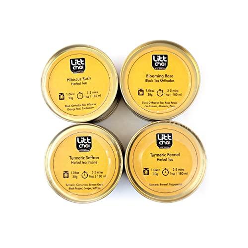 Litt Chai Litt Chai | Turmeric Saffron, Blooming Rose, Hibiscus Rush, Turmeric Fennel - (Pack of 4) | Herbal Tea for Immunity | Extra Strong Leaves | Pure and Authentic | Black Tea