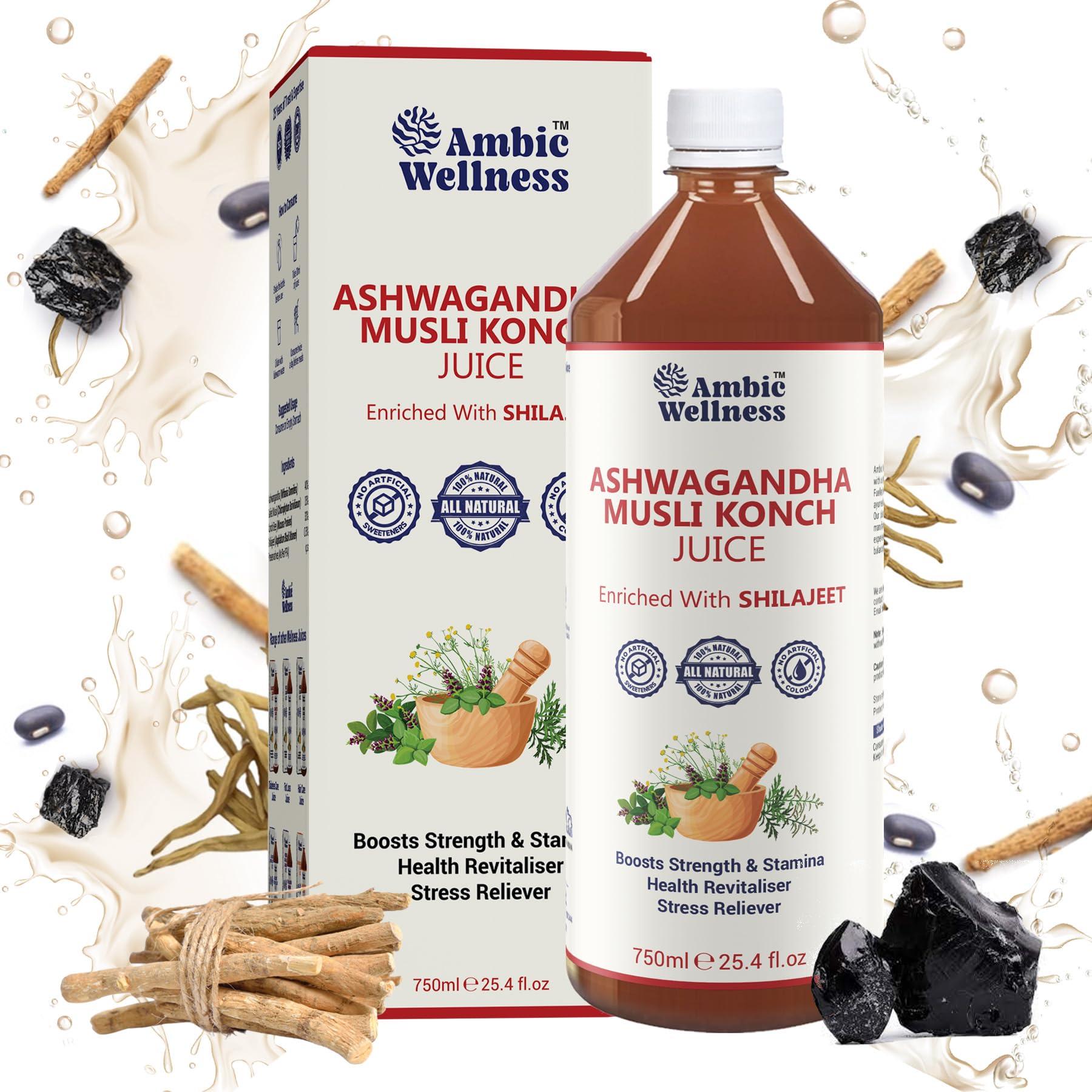 Ambic AMBIC Ayurvedic Ashwagandha Leaf Juice - 500ml to Boosts Energy & Immunity, Natural Blend of Ashwagandha Shilajit Musli & Konch Beej Provides Strength & Stamina, Stress Relief & General Wellness