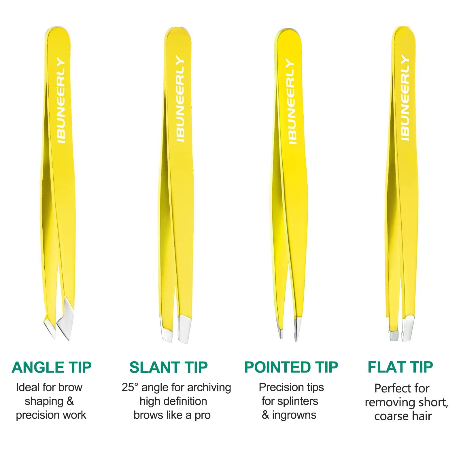 iBuneerly Tweezers Set, 4Pcs Tweezers for Women with Travel Leather Case, Professional Stainless Steel Eyebrows Tweezers, Great Precision Tweezers for Ingrown Hair, Facial Hair, Splinter Removal(Yellow)