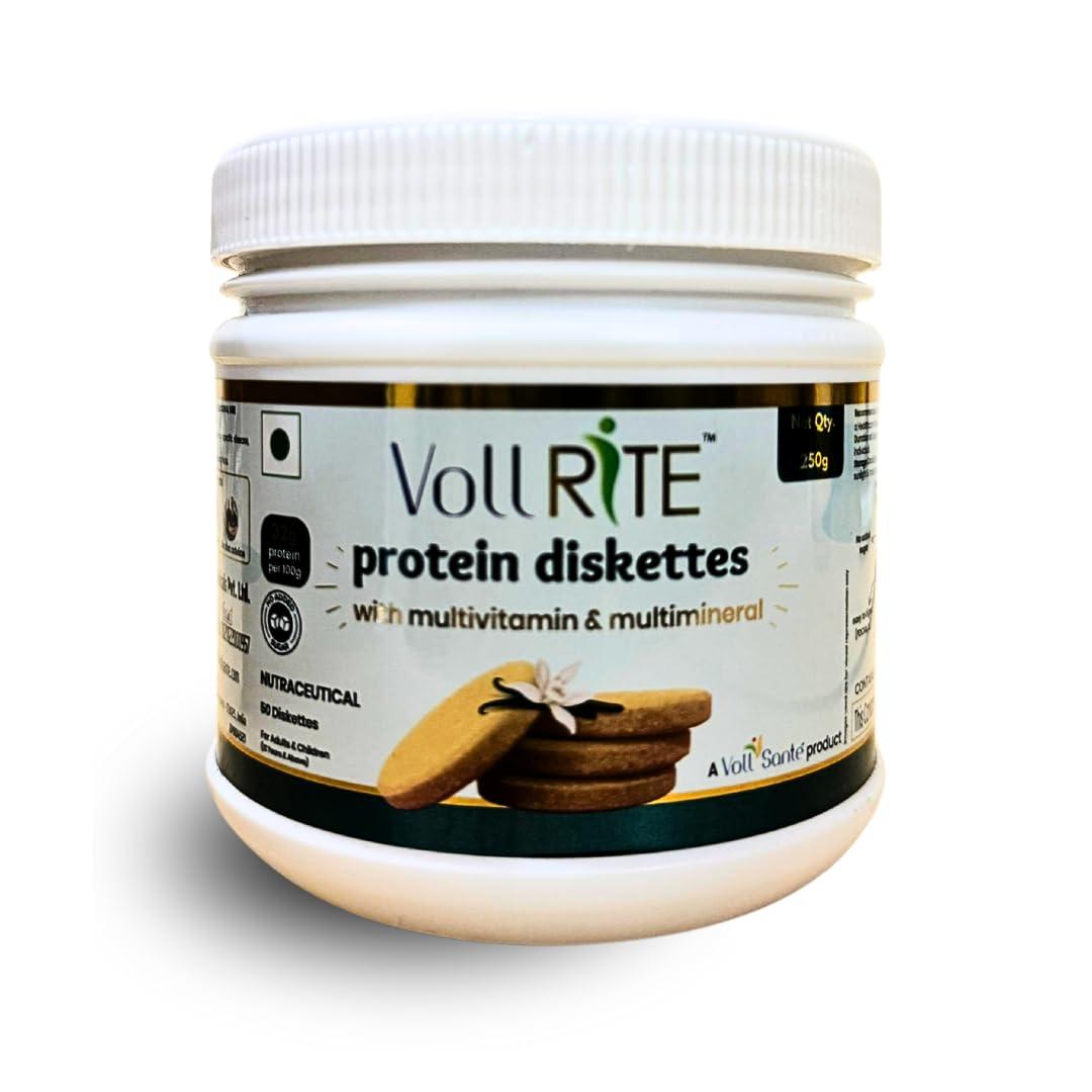 Voll Sant Voll RiTE Protein Diskettes | Protein Biscuit with multivitamin and multimineral| No Sugar| Cholesterol free| High Protein with B Vitamins | Vanilla Flavour, 250g