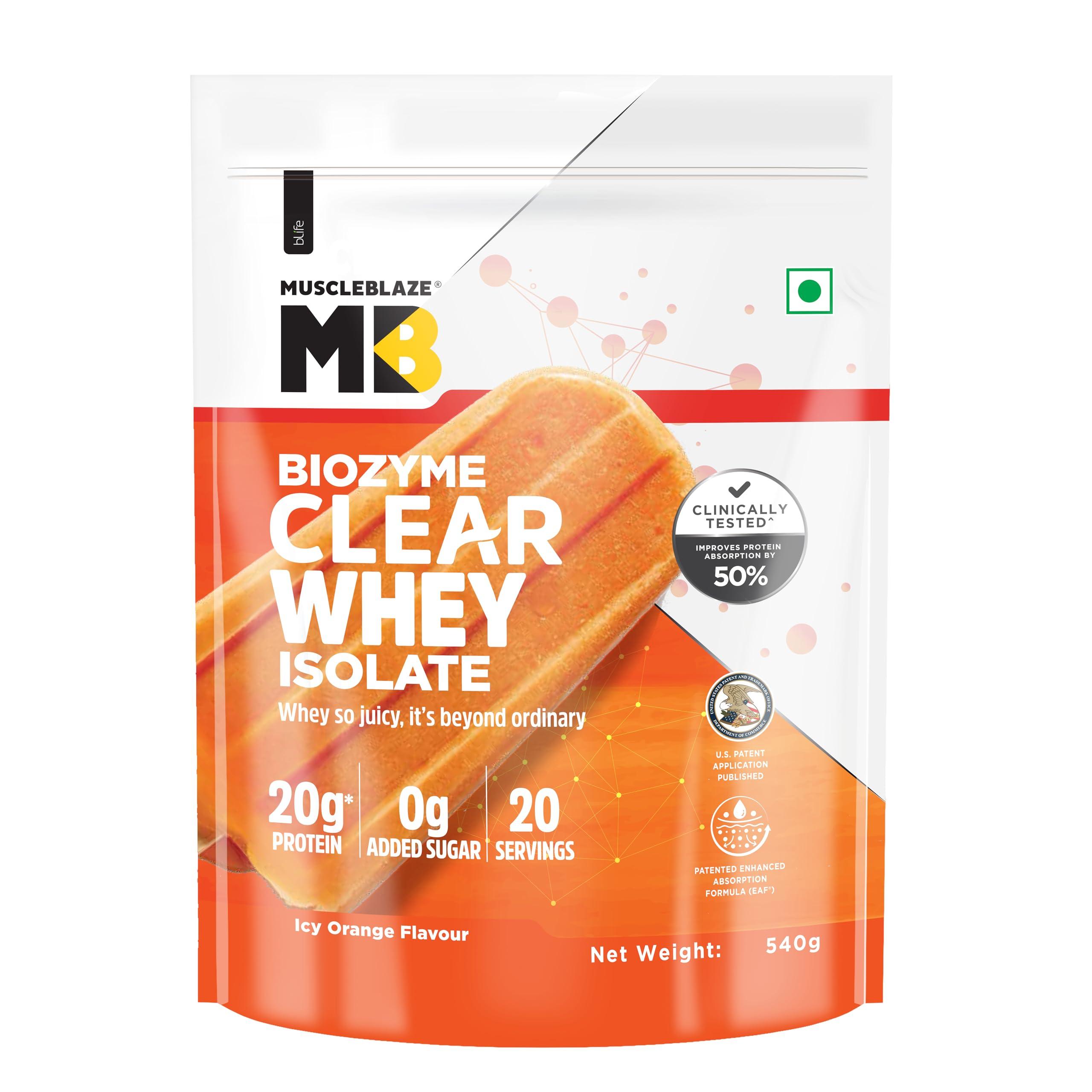 MuscleBlaze MuscleBlaze Biozyme Clear Whey Protein Isolate | 20g Protein, 92 Calories, Zero Added Sugar (Icy Orange Flavour, 20 Servings)