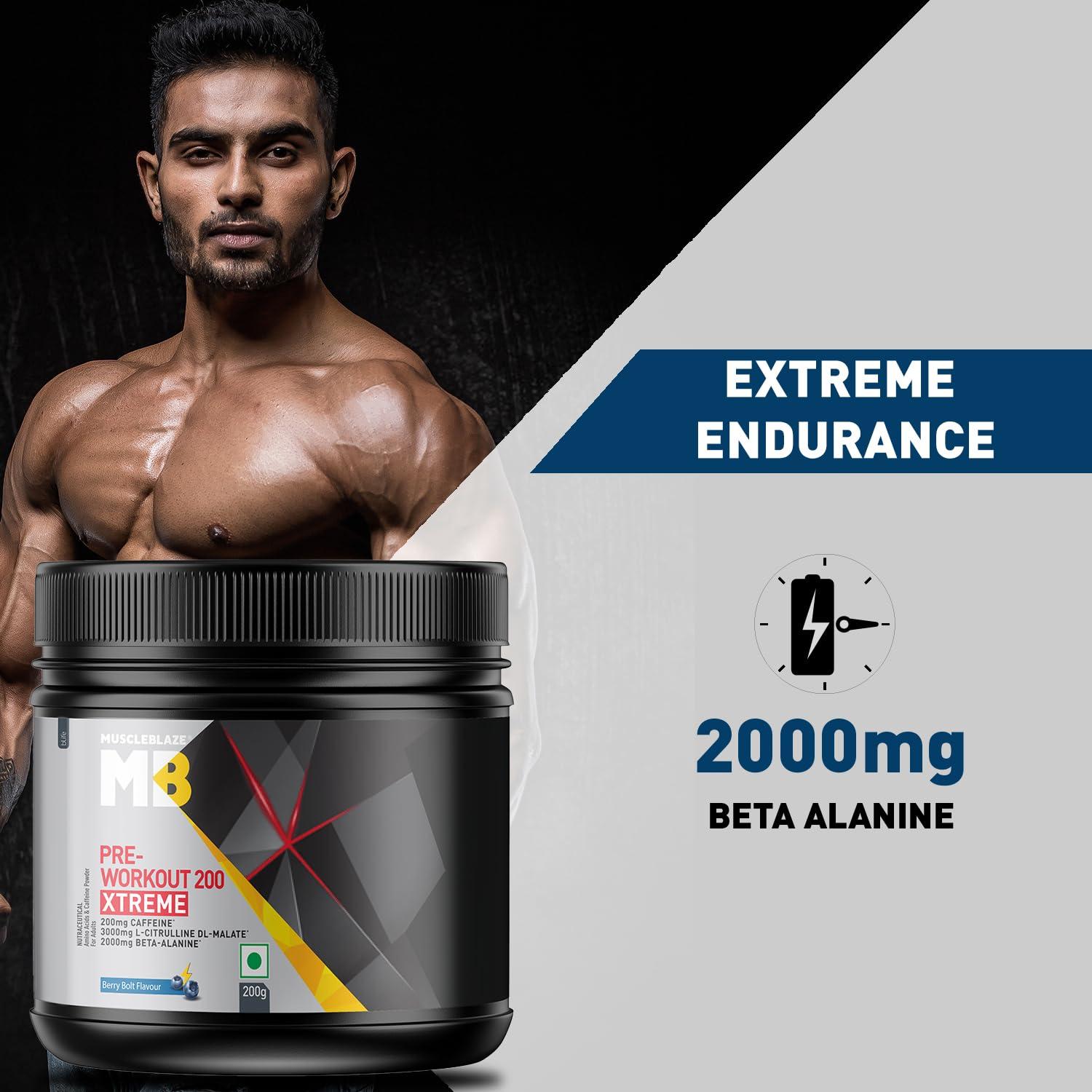 MuscleBlaze MuscleBlaze Pre Workout 200 Xtreme (Berry Bolt, 30 Servings, 200g) | 200mg Caffeine, 200mg Theanine, 2000mg Beta Alanine, 3000mg Citrulline