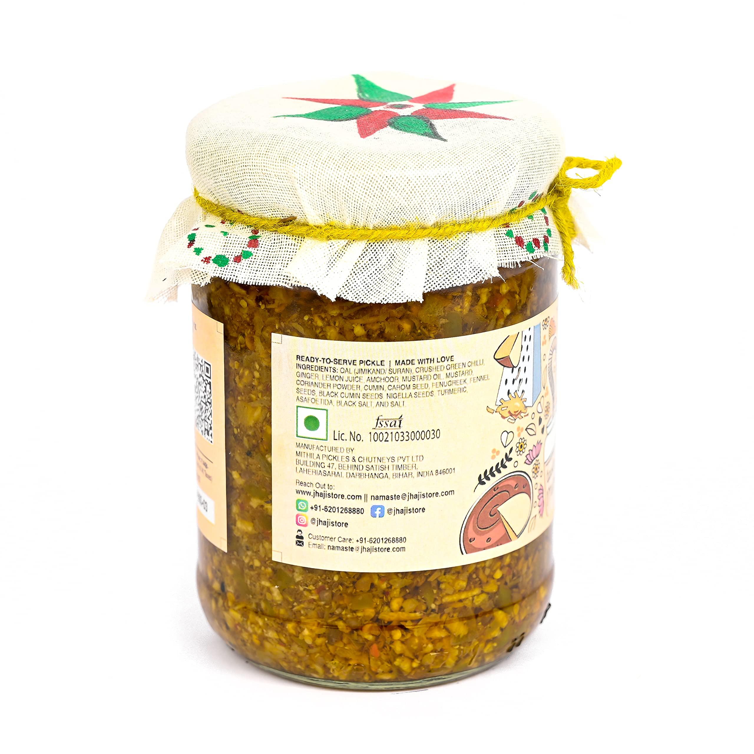 JhaJi - Taste of Mithila JhaJi - Taste of Mithila Oal Ginger Chilli Mix Pickle | Tangy, Spicy, And Gingery Aftertaste | Grated Jimikand Pieces | Sun-Dried | Bihari-Style Homemade Pickle, 500G