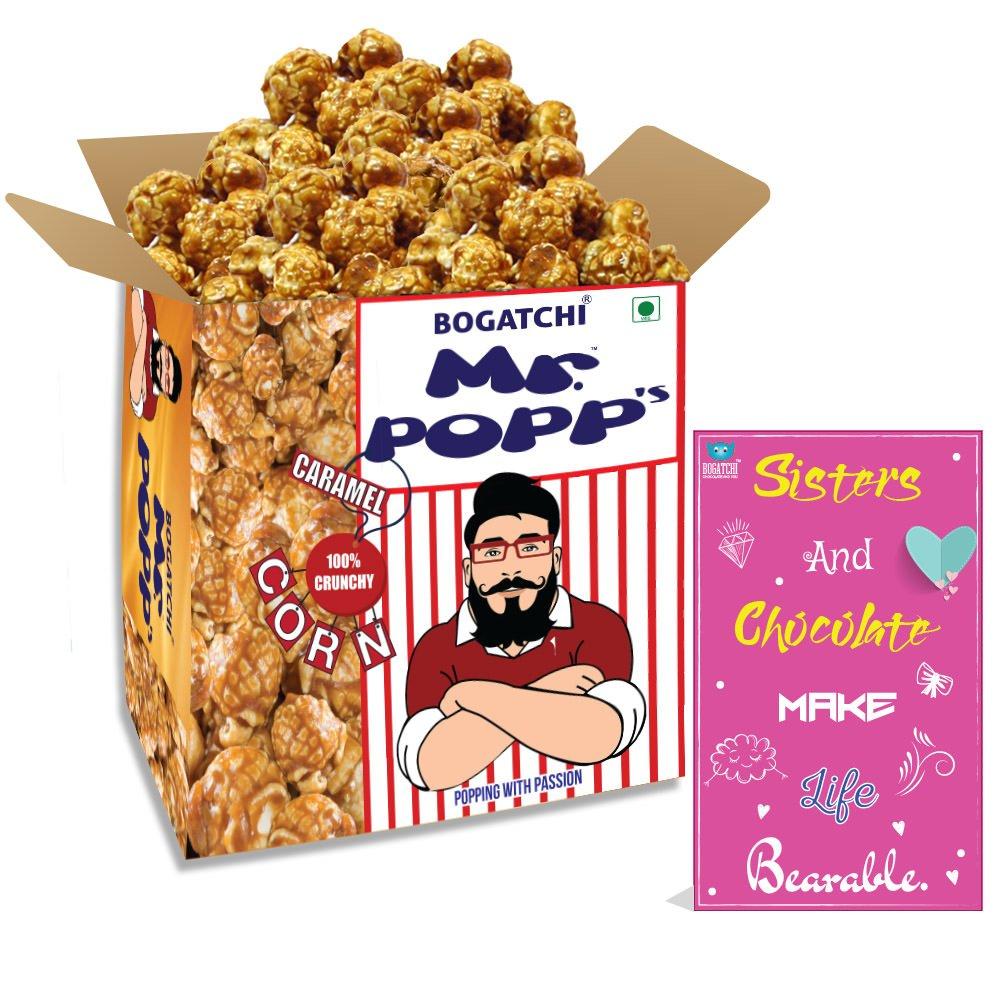 BOGATCHI BOGATCHI Mr.POPP's Crunchy Caramel Popcorn, Handcrafted Gourmet Popcorn, Best Rakhi Gift , 250g + Free Happy Rakhi Greeting Card