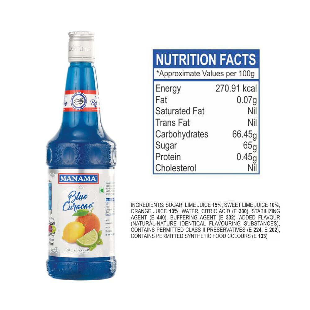 Manama Manama Lime and Mint Mojito Syrup, Blue Curacao Syrup, Pinacolada Syrup and Original Mojito Syrup, 750ML Each, Pack of 4